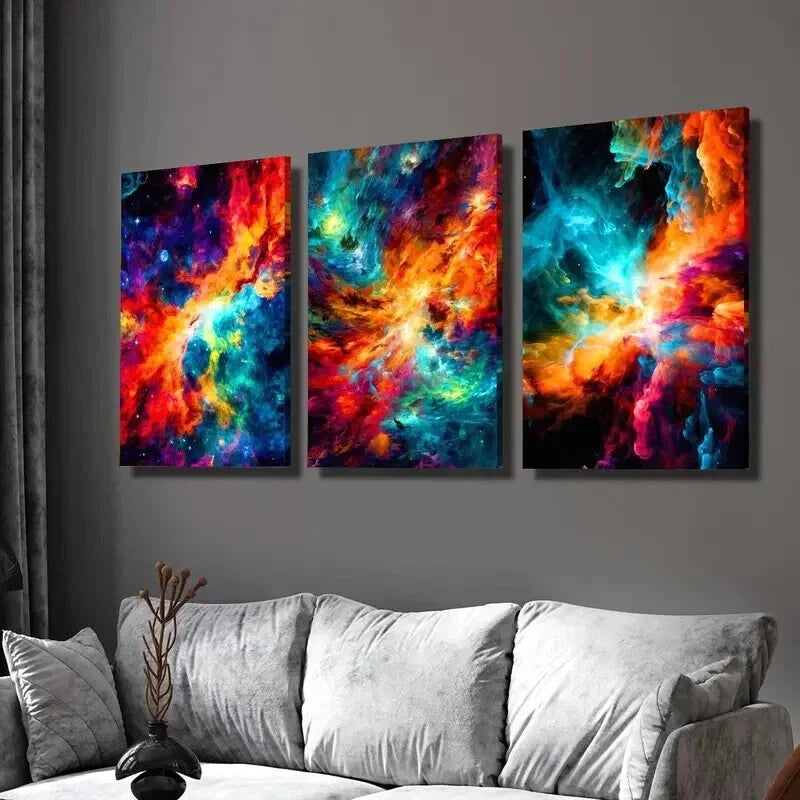 3-Piece Abstract Colorful Space Stars Wall Art Set - Framed Canvas 50x70cm | High Quality Print | Ready to Hang | Modern Home & Office Decor | Perfect for Living Room, Bedroom or Nursery