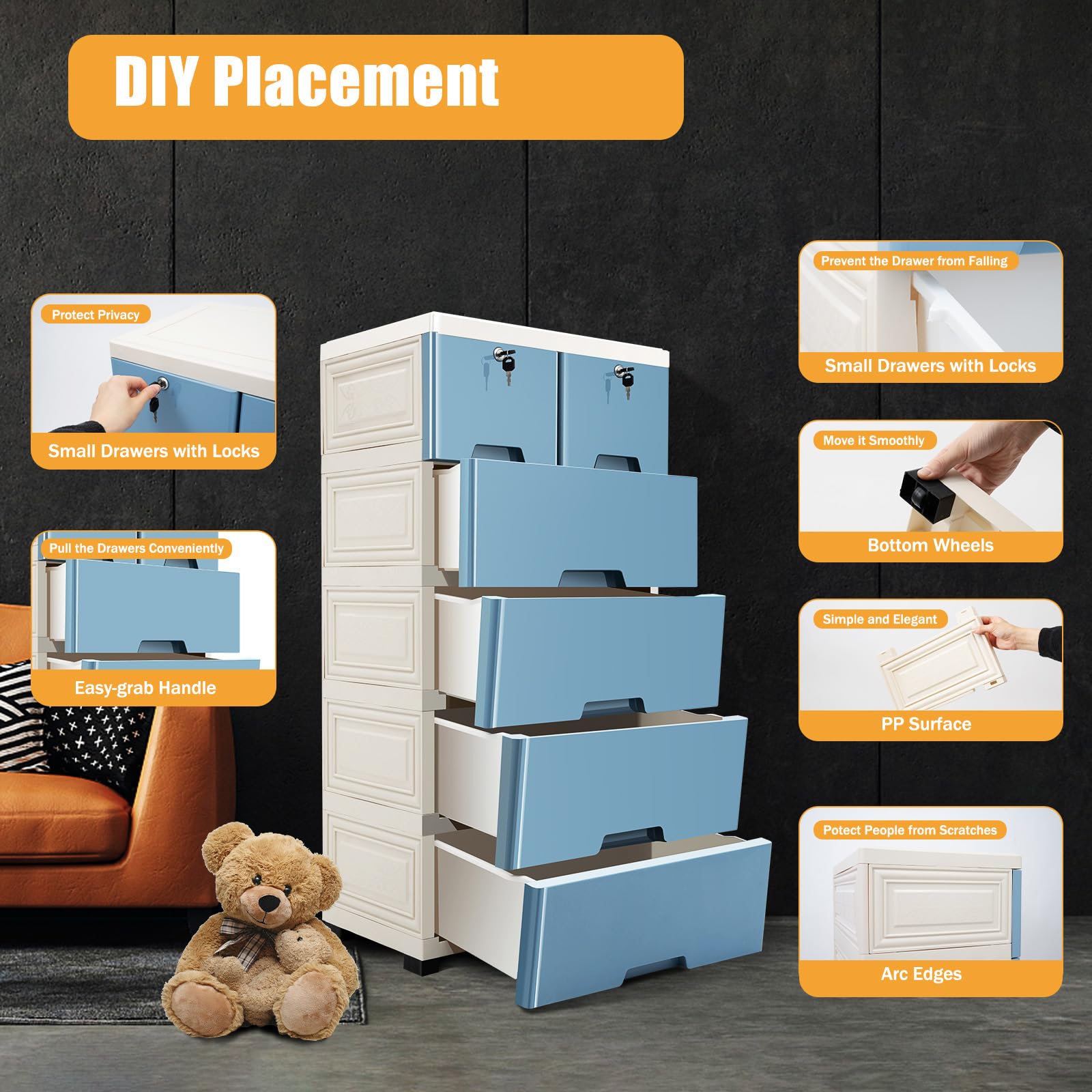 6-Drawer Plastic Storage Cabinet - Tall Vertical Dresser Organizer for Clothes, Toys & Bedroom | Space-Saving Closet & Playroom Furniture (Blue) - Perfect for Kids' Rooms, Dorm Organization & Small Space Storage Solutions