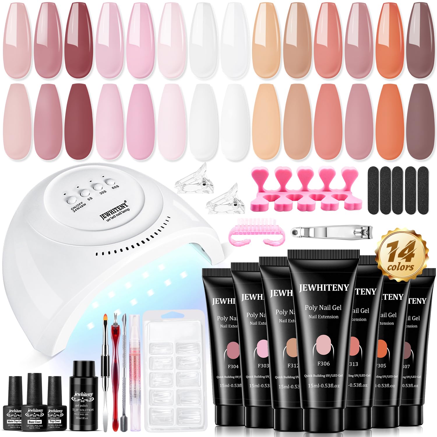 JEWHITENY 14 Colors Nude Pink Skin Tone Poly Gel Extension Kit - All-in-One French Manicure Starter Set with UV/LED Nail Lamp for DIY Salon-Quality Nails at Home | Perfect for Weddings, Parties & Everyday Glam