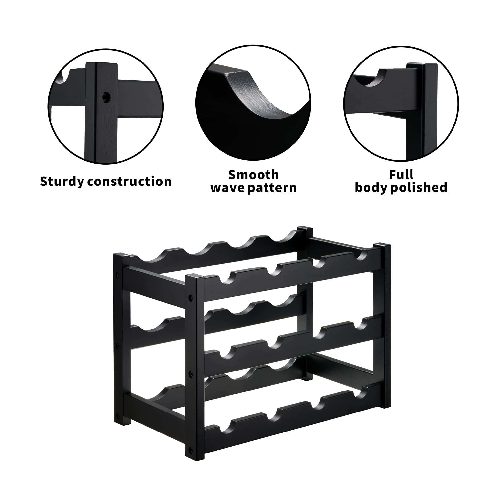 VASMIA 3-Tier Bamboo Wine Rack - Holds 12 Bottles, Sturdy & Durable Wine Storage Cabinet for Kitchen, Pantry, Bar Countertop - Black | Perfect for Home Entertaining, Wine Cellar Organization & Space Saving Storage