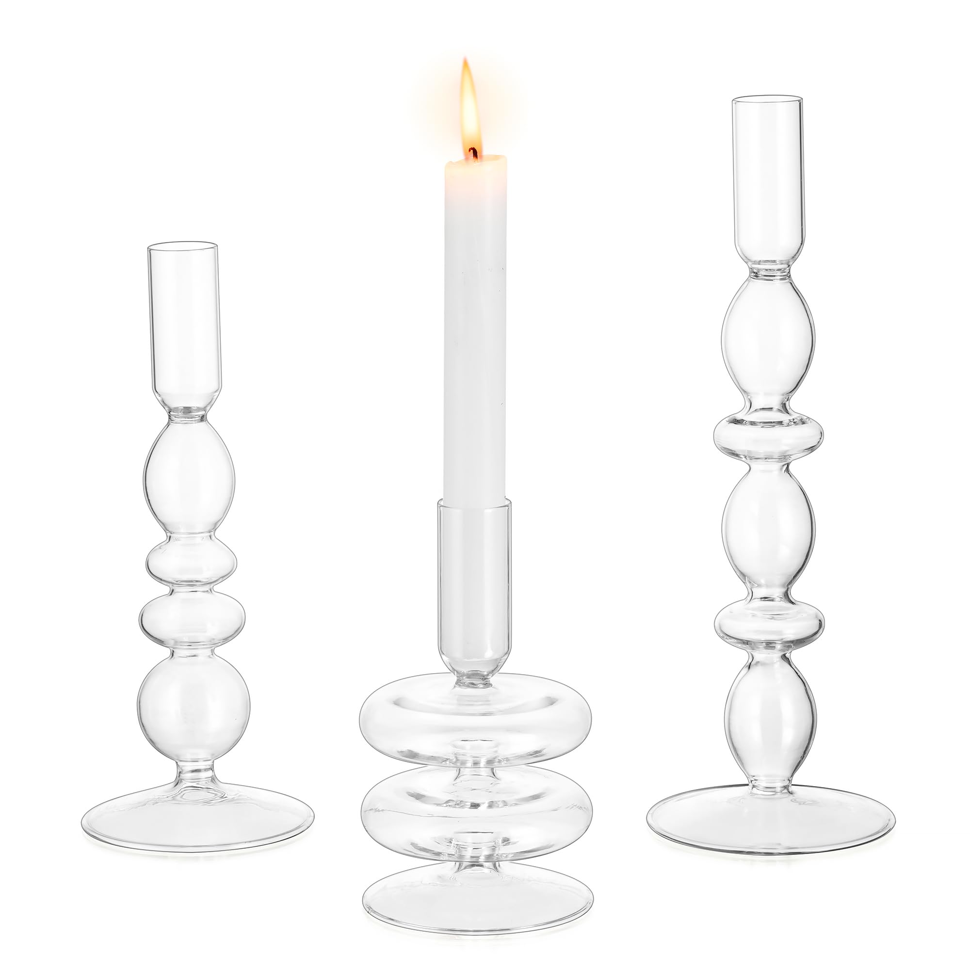 Glasseam Clear Glass Candle Stick Holders Set of 3 - Modern Taper Candle Holders for Wedding, Christmas & Home Decor - Elegant Table Centerpiece for Dining Room, Party & Holiday Decorations