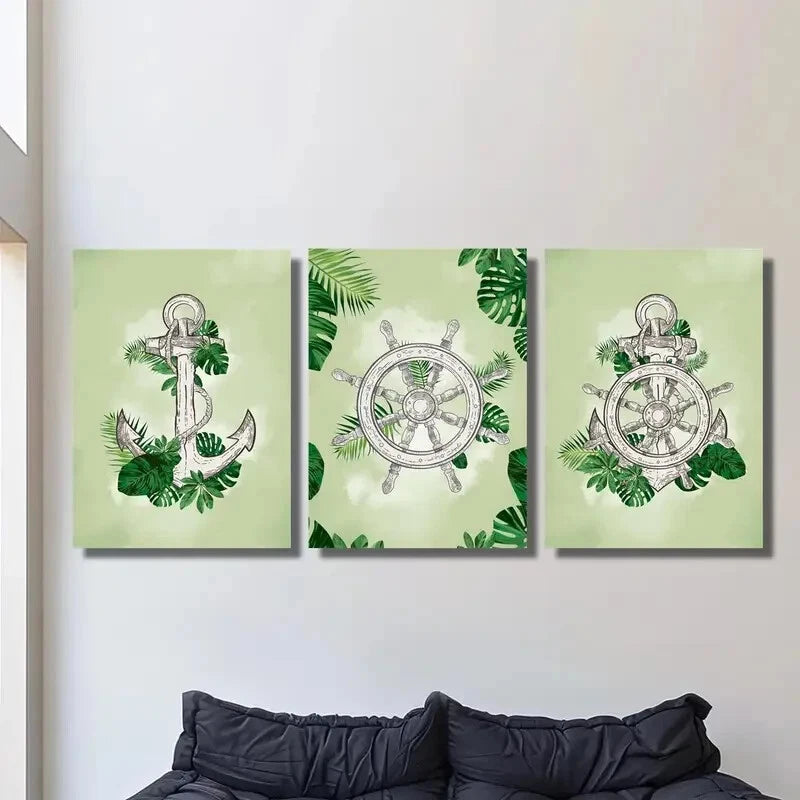 3-Piece Helm and Anchor on Plant Leaves Metal Wall Art - Ready to Hang Nautical Decor for Living Room, Bedroom, or Office