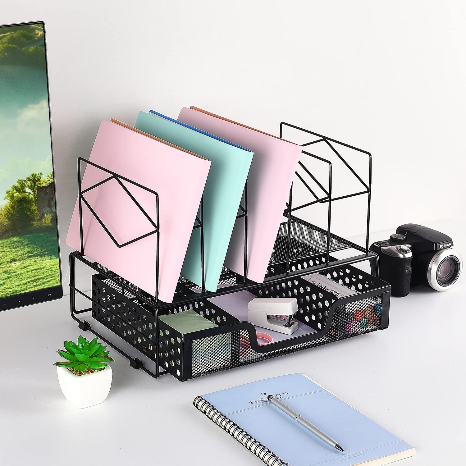Gianotter Black Desk Organizer with Sliding Drawer - 5 Upright Section File Sorter for Office Supplies | Perfect for Home Office, Workspace, and School Desk Organization