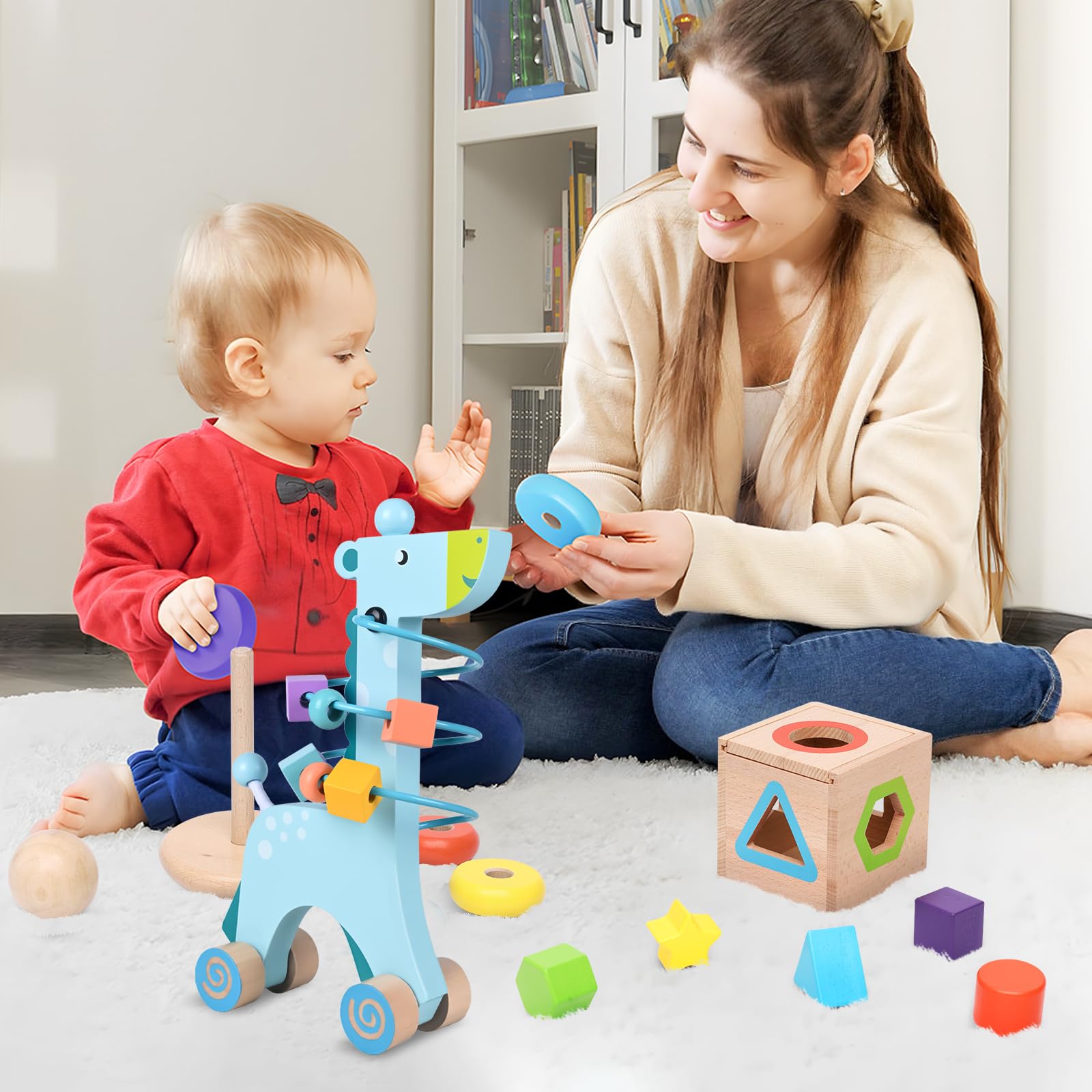 4-in-1 Wooden Montessori Toys for Toddlers 1-3 Years Old - Educational Sensory Learning Toys for Baby Boys & Girls - Developmental Toys for Fine Motor Skills - Perfect Christmas & Birthday Gift for 1+ Year Olds (Great for Early Childhood Education & Playtime Activities)