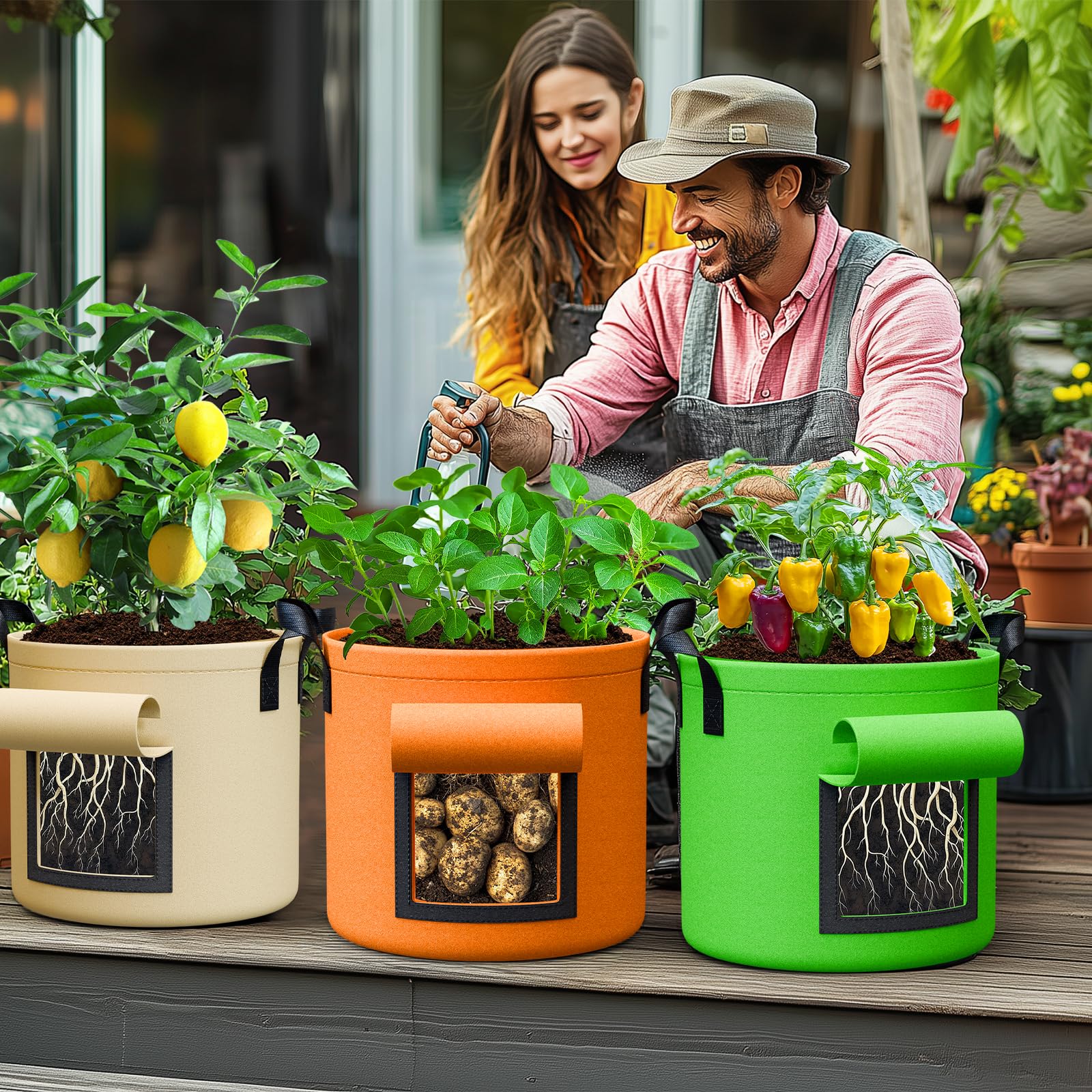 10 Gallon Potato Grow Bags - 6 Pack Heavy Duty 350g Thickened Nonwoven Fabric Plant Pots with Handles & Flap | Aeration Gardening Bags for Growing Potatoes, Vegetables, Flowers | Perfect for Home Garden, Balcony Planting & Indoor Vegetable Cultivation