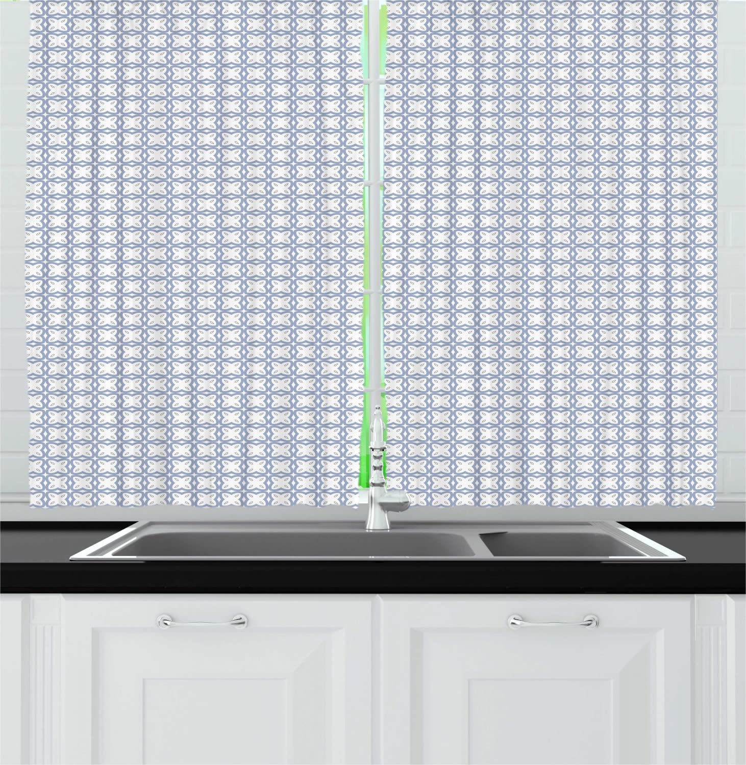 Ambesonne Abstract Long Kitchen Curtains - Symmetric Geometric Floral Design in Soft Blue & White - 55x45 Inch Rod Pocket Drapes for Windows - Perfect for Modern Farmhouse, Apartment & Dining Room Decor
