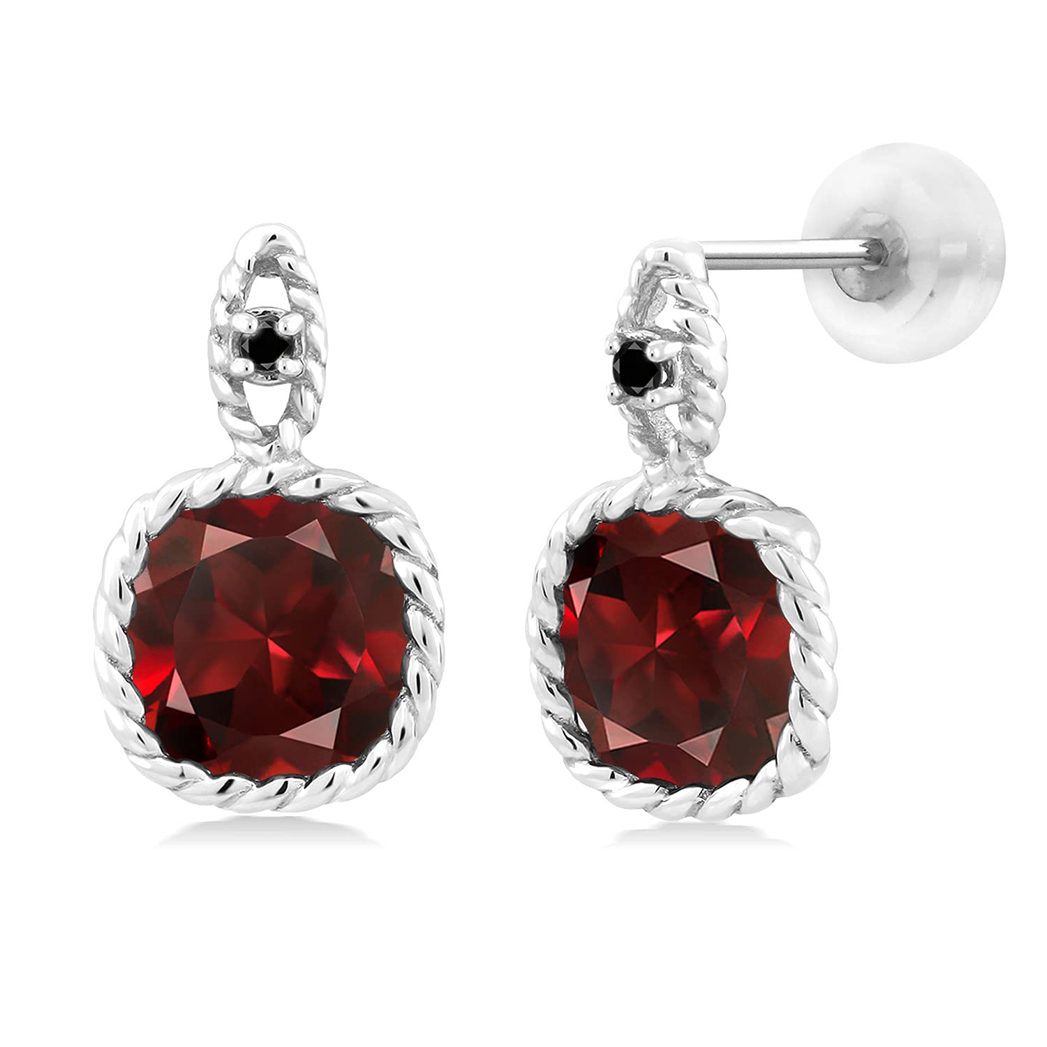 5.23 Ct Genuine Cushion Cut Red Garnet & Black Diamond 10K White Gold Earrings for Women | Luxury Gemstone Jewelry Gift for Anniversary, Birthday & Special Occasions