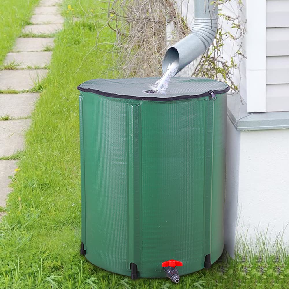 Volowoo 100 Gallon Collapsible Rain Barrel Water Collector - Portable Water Storage Tank with Spigot, Filter & Overflow Kit - Green Rainwater Catchment System for Garden, Lawn & Emergency Water Supply