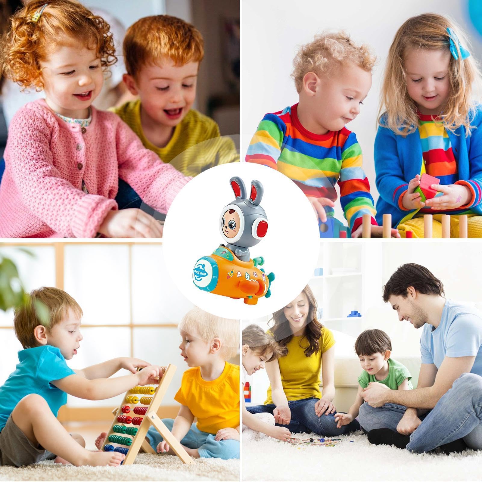 Interactive Electric Bunny Toy with Face Changing & Spaceship - Walking Rabbit Toy with Lights & Music for Kids - Perfect for Playtime, Birthday Gifts & STEM Learning