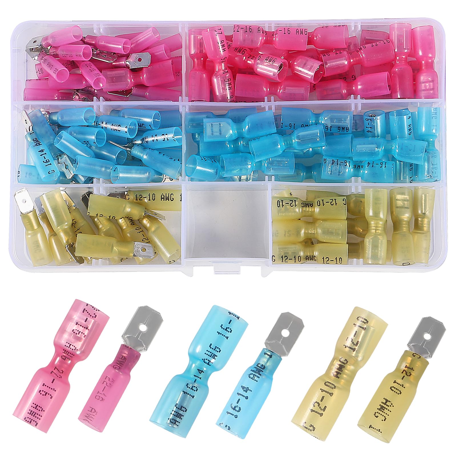 100PCS Heat Shrink Spade Connectors 22-10 AWG - Waterproof Insulated Male & Female Quick Disconnect Electrical Terminals Kit for Automotive, Marine, and Home Wiring Projects