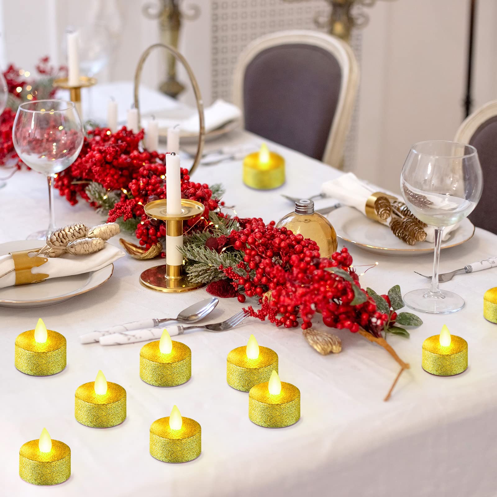 72 Pcs Gold LED Glitter Votive Tealights - Flameless Battery Operated Tea Light Candles Bulk for Wedding, Anniversary & Table Decor - Romantic Flickering LED Candle Centerpieces for Home, Party & Restaurant Ambiance