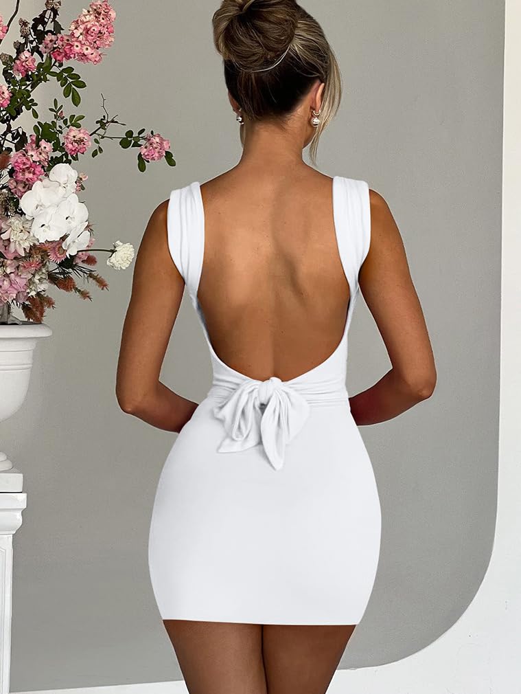 LAGSHIAN Women's Sexy Bodycon Backless Mini Dress - Sleeveless Square Neck with Waist Tie & Split Hem, Ruched Summer Party Clubwear for Night Out, Date Night, Cocktail Dress