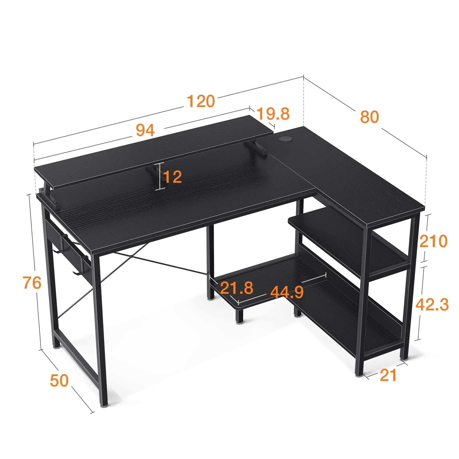 ODK L-Shaped Gaming Desk with Reversible Shelves, Computer Desk with Monitor Stand & Headphone Hooks for Home Office (Black, 120x80x88cm) - Perfect for Gaming Setup, Workstation & Small Spaces