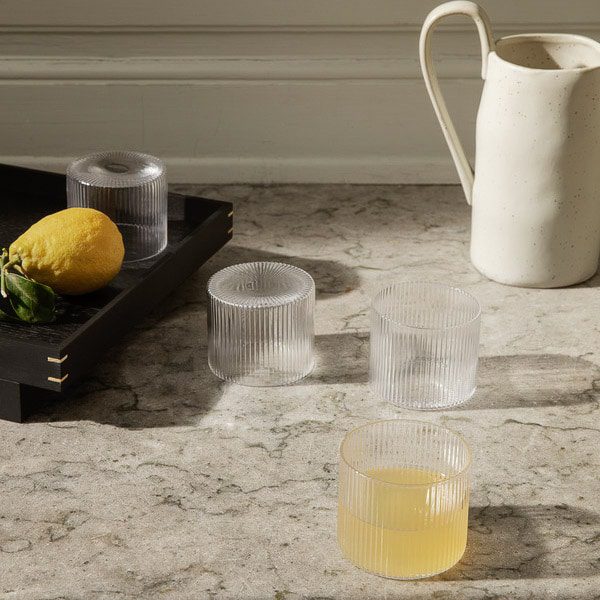 FERM LIVING Ripple Low Glasses - Set of 4 Clear Drinking Glasses for Water, Juice & Cocktails - Perfect for Dinner Parties, Home Bar & Everyday Use