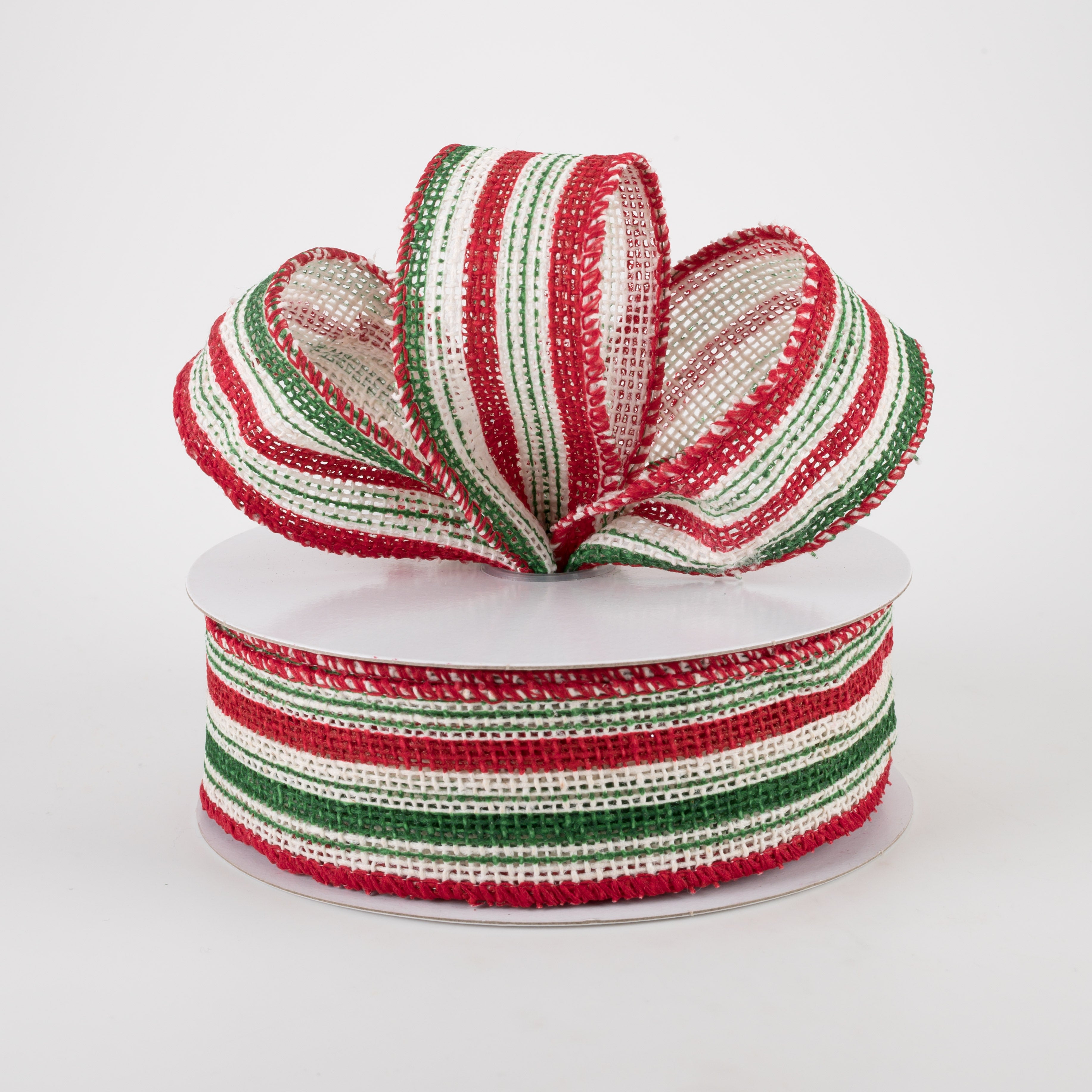 1.5 Inch Burlap Vertical Stripe Ribbon - Green, Red & White (10 Yards) for Gift Wrapping, Wedding Decor, DIY Crafts & Party Favors