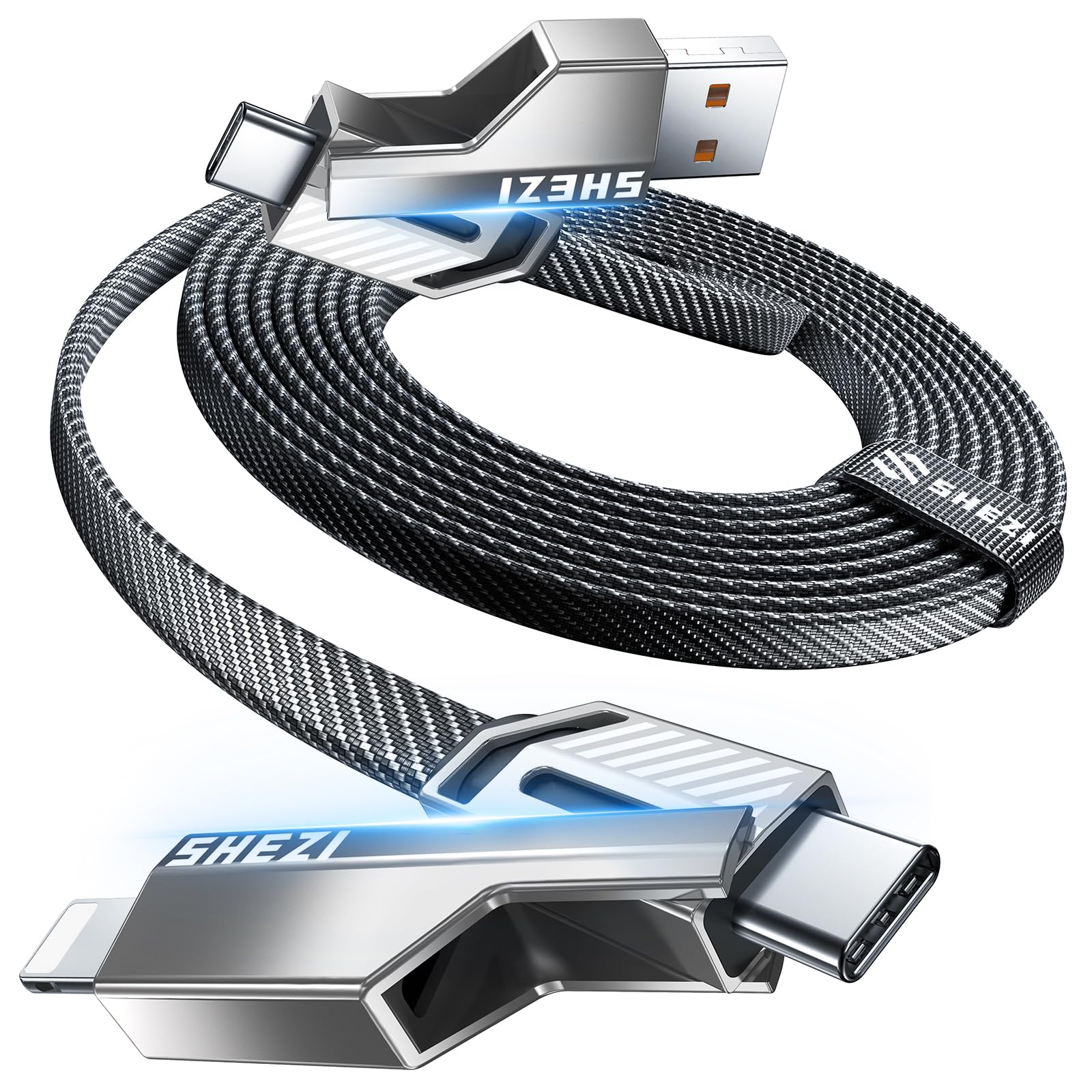 4-in-1 Long USB C Cable 60W 10FT Fast Charging Nylon Braided Cable - Lightning/Type C/USB A Ports for iPhone 15/14/13, iPad, Samsung Galaxy - 480Mbps Data Sync - Perfect for Home, Office & Travel Charging Needs