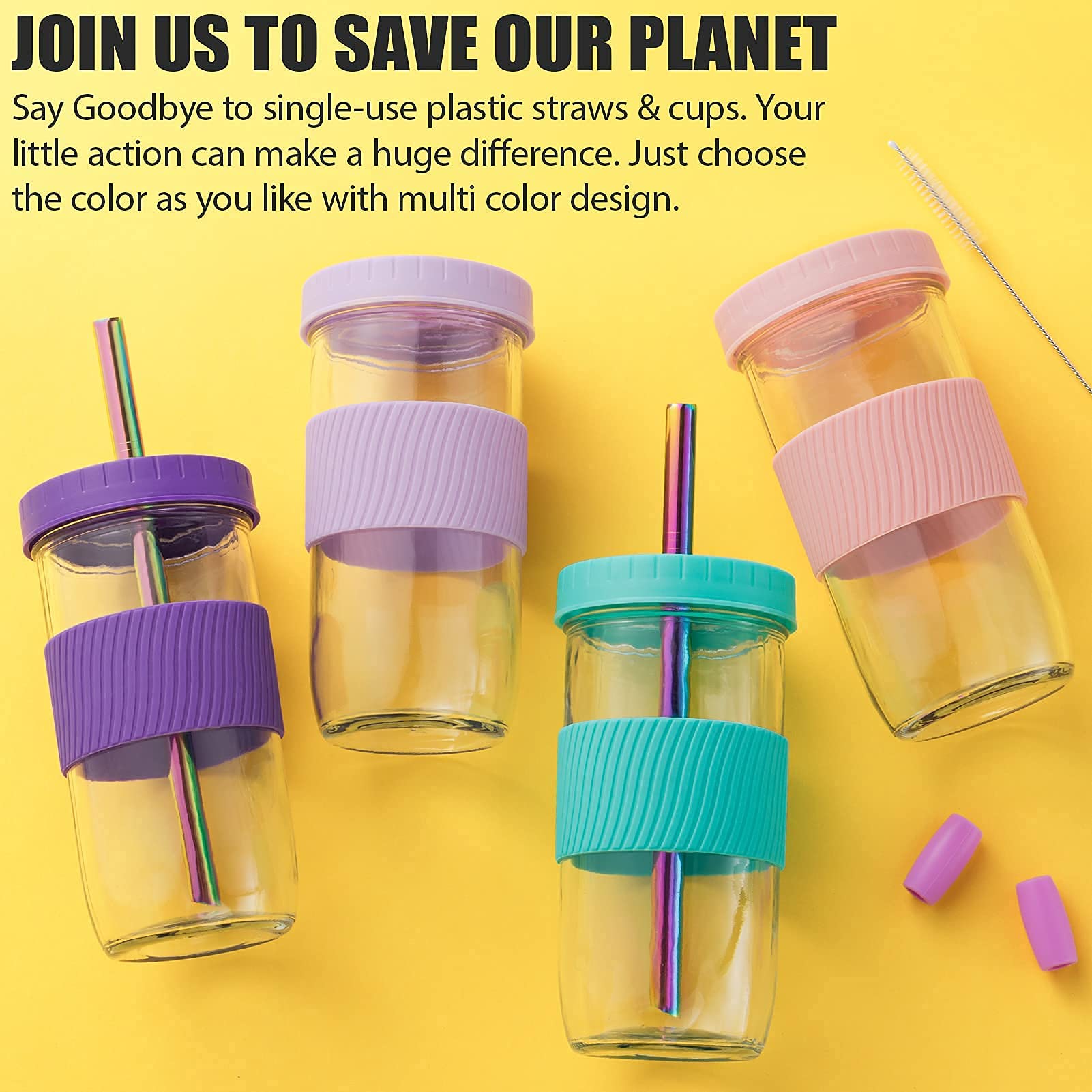Eco-Friendly 24oz Glass Mason Jars with Lids & Straws - 2 Pack Reusable Wide Mouth Smoothie Cups, Leakproof Bubble Tea Tumblers with Silicone Sleeves - Perfect for Iced Coffee, Juice, Travel & Large Pearl Boba Drinks