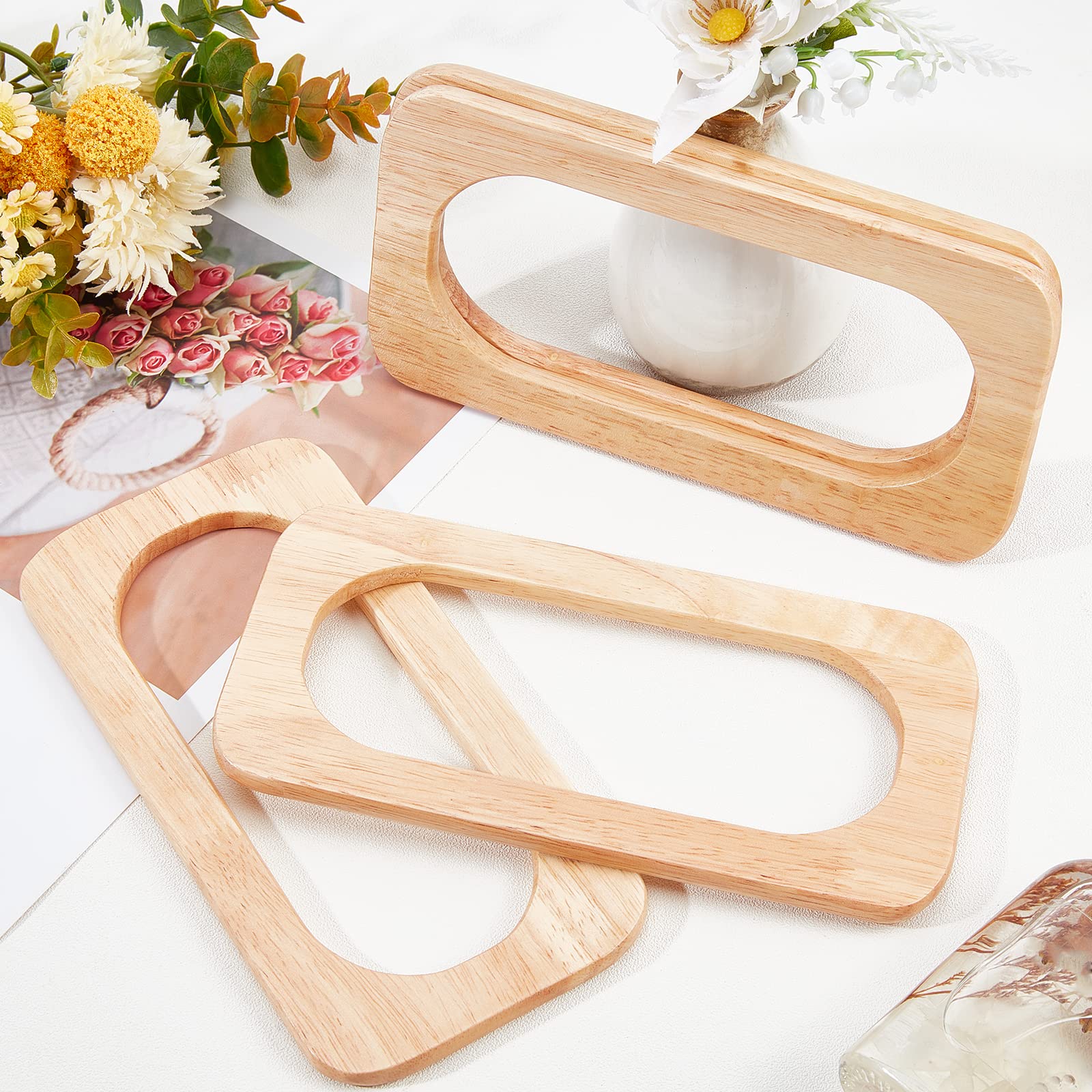 WADORN 4pcs Wooden Purse Handles - 7.8x3.9 Inch Rectangle Handbag Replacement Handles, Handmade Wood Bag Straps for DIY Straw Bags, Macrame Totes, Beach Bags & Boho Sewing Crafts