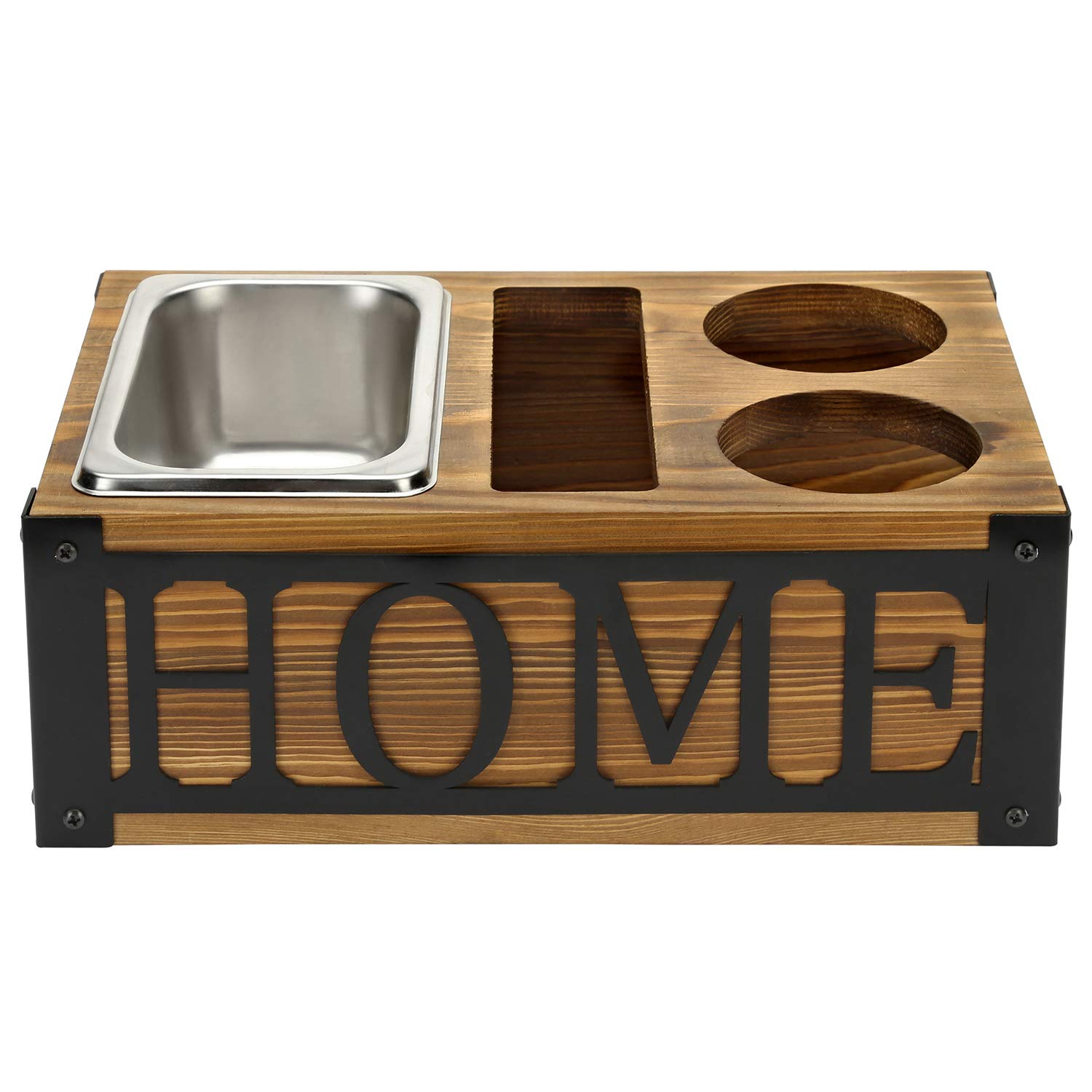 Rustic Burnt Wooden Snack Tray Caddy - Drink Holder & Coffee Table Organizer with Black Metal Lettering - Perfect for TV Snacks, Remote Control Storage, and Living Room Decor