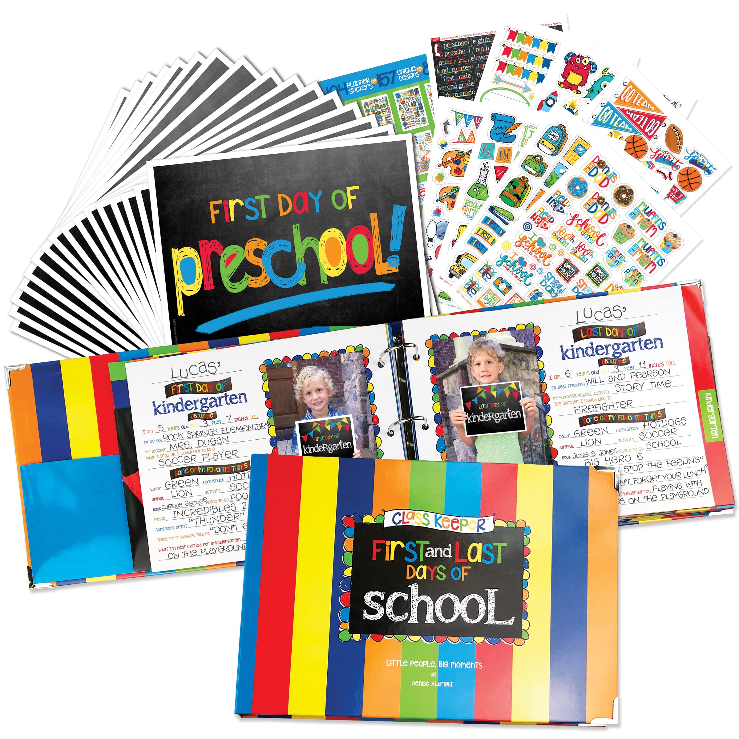 Class Keeper School Memory Kit with Photo Props & Sticker Set - Primary Stripes Design for Classroom Keepsakes, Yearbook Photos & Teacher Gifts
