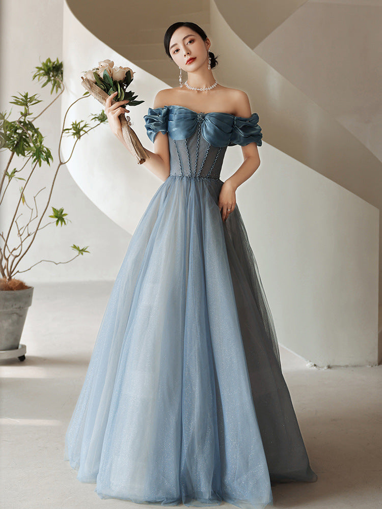 Elegant Off Shoulder Blue A-Line Prom Dress with Tulle Skirt - Formal Evening Gown for Homecoming, Wedding & Special Occasions