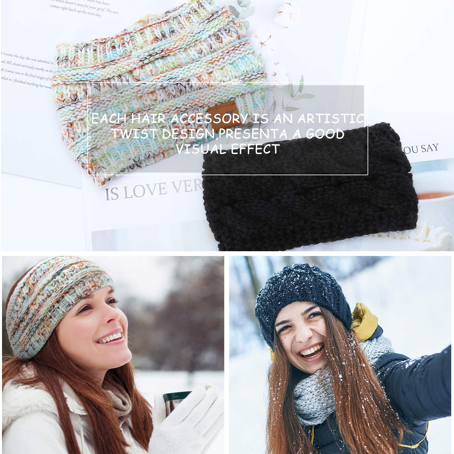Women's Winter Knitted Headband - Fleece Lined Ear Warmer Headwrap, Crochet Turban Twist Hair Band, Stretchy & Thick for Cold Weather - Perfect for Skiing, Running & Outdoor Activities (JRTD-BK+WHF)