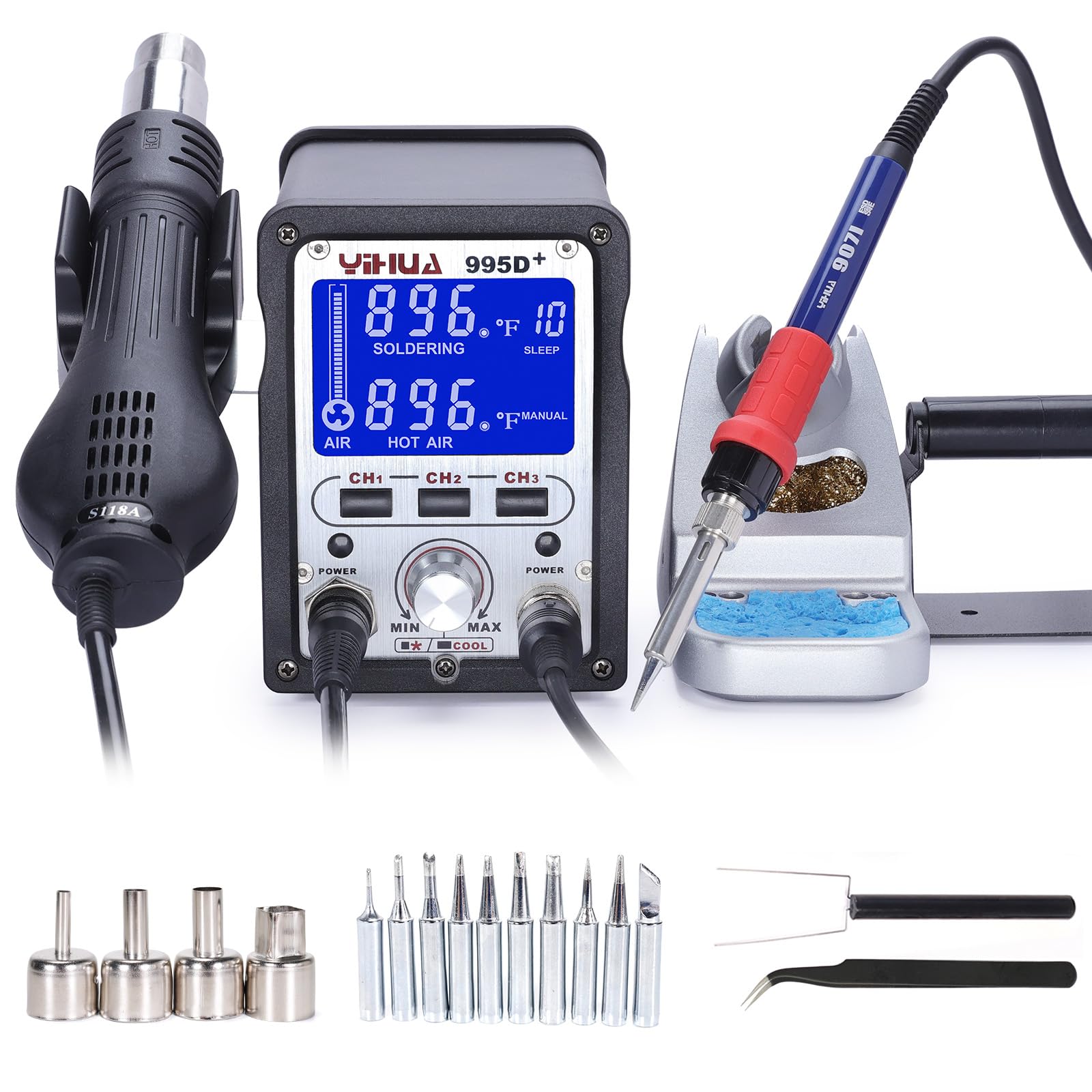 YIHUA 995D+ 2-in-1 Hot Air Rework Station & Soldering Iron Kit with 3 Memory Presets, Large LCD Display, Cool/Hot Air Switch, Sleep Mode, °F/°C Conversion - Perfect for Electronics Repair, PCB Rework, and DIY Soldering Projects