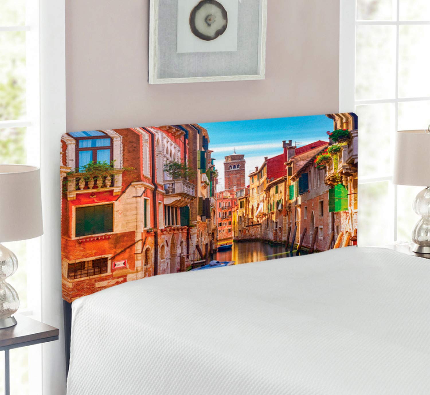 Ambesonne European Upholstered Headboard - Venice Cityscape Narrow Water Canal & Heritage Buildings Design, Twin Size Decorative Metal Bed Headboard with Memory Foam - Perfect for Bedroom Decor, Guest Room & Apartment Styling