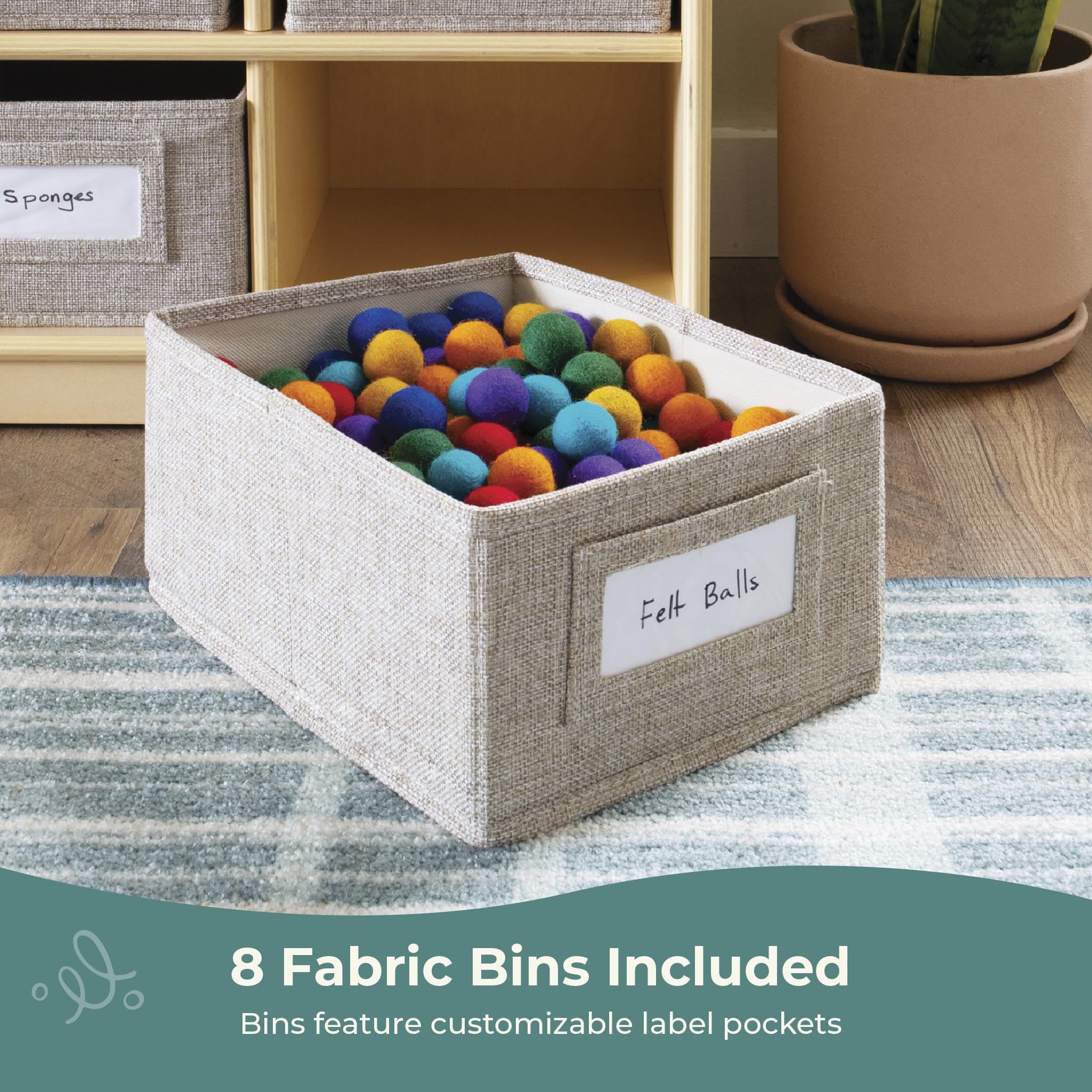 Guidecraft EdQ Cubby Bin Storage Organizer - Natural Wood Bookshelf with 8 Fabric Bins | Toy & Book Organizer for Kids, Teachers & Homeschooling | Classroom & Home Organization Furniture for Playrooms, Daycares & Montessori Schools