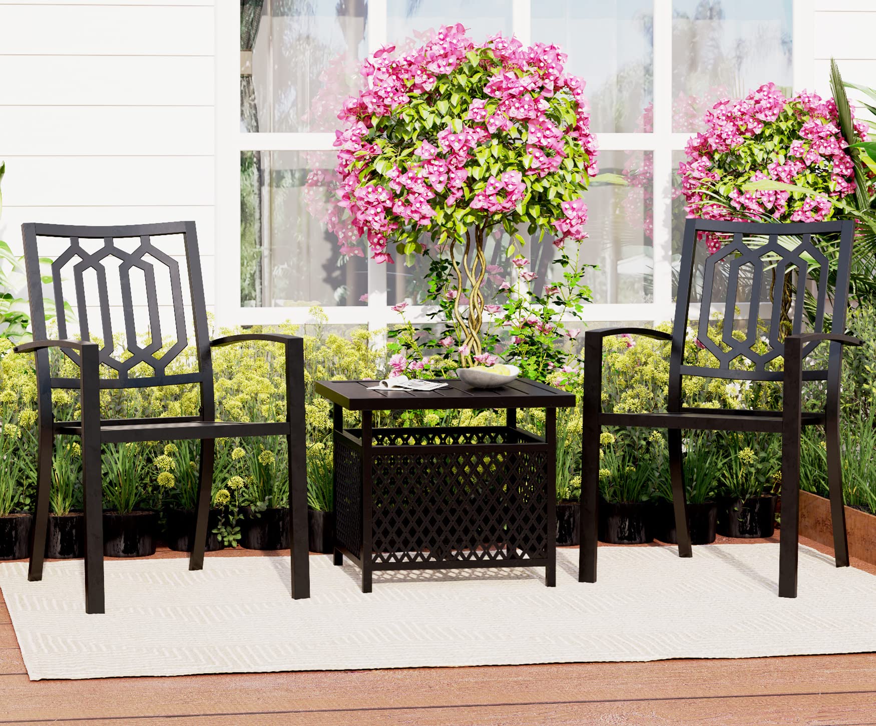 MFSTUDIO 3-Piece Steel Outdoor Bistro Set - 2 Chairs & 1 Square Table with Umbrella Hole - Black Patio Dining Furniture for Garden, Balcony, Backyard & Poolside