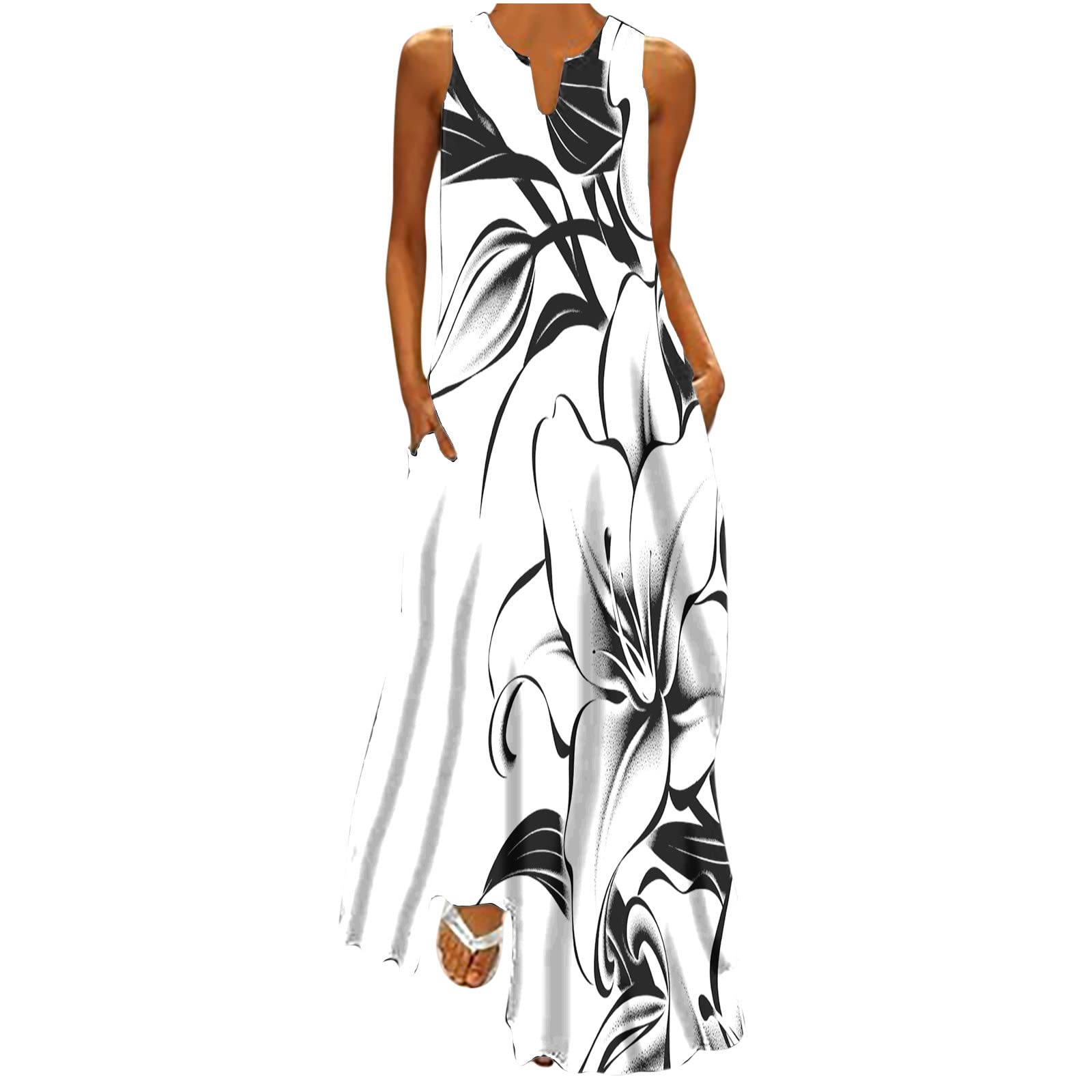 Women's Summer Maxi Dress - Sleeveless Loose Long V-Neck Floral Print Flowy Casual Dress with Pockets | Beach Wedding Vacation Boho Chic Outfit