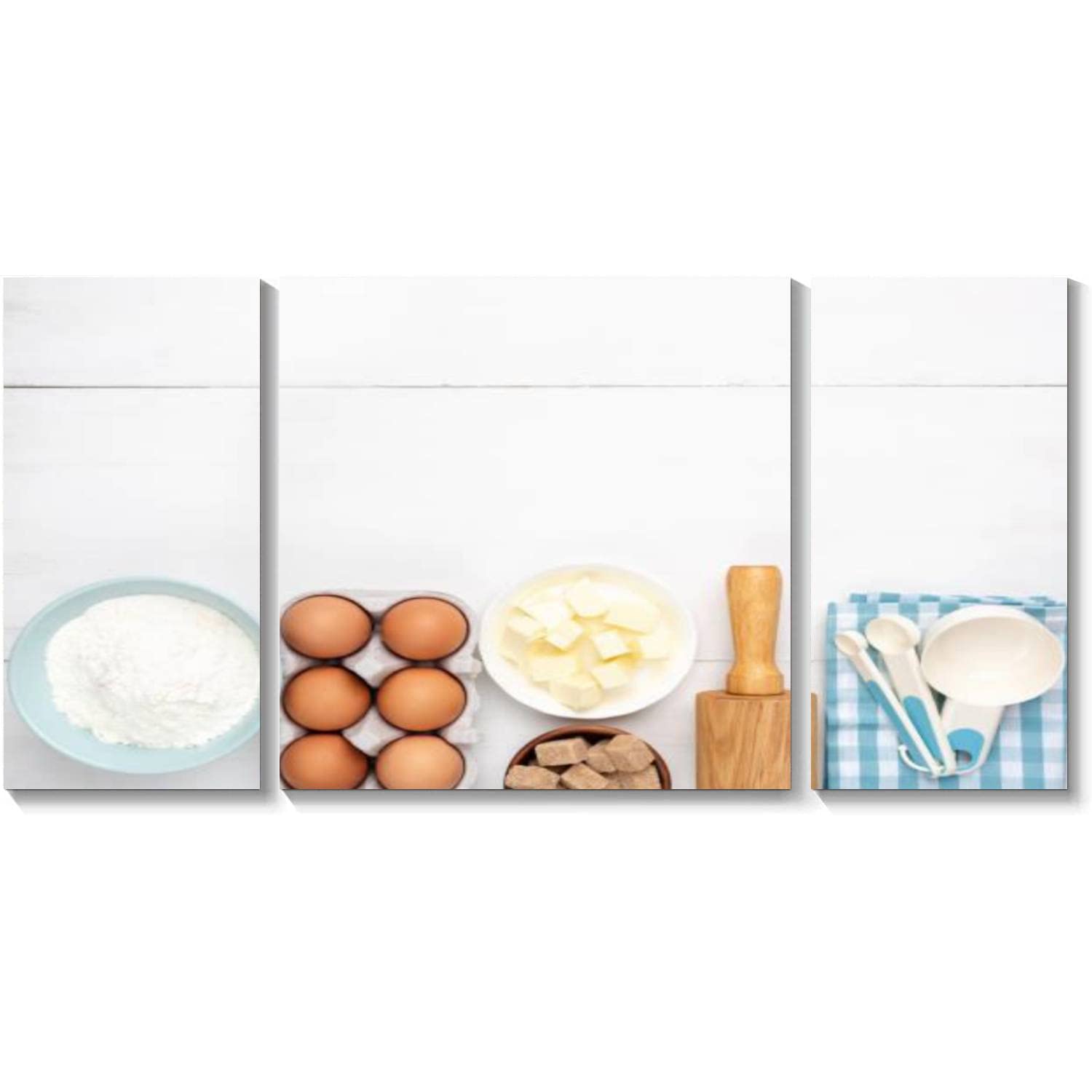 BDMPIZLNSF 3 Panel Canvas Wall Art - Eggs, Flour, Butter & Sugar Baking Ingredients Framed Painting - Ready to Hang Kitchen Decor for Home, Living Room & Bedroom - Perfect for Bakeries, Cafes & Cooking Enthusiasts