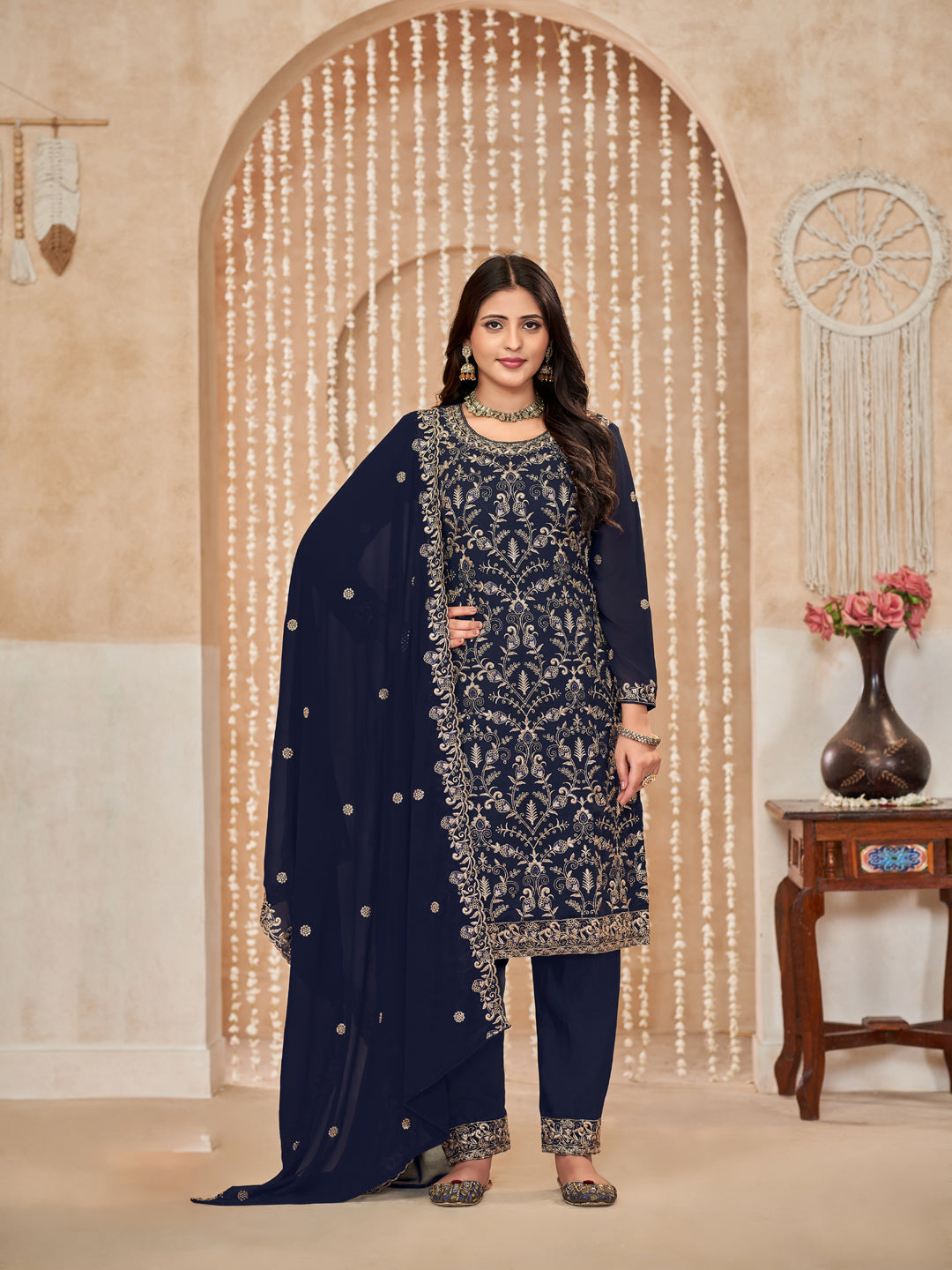 Blue Designer Party Wear Semi Stitched Pant Suit With Embroidery - Elegant Women's Formal Outfit for Weddings, Cocktail Parties & Special Occasions