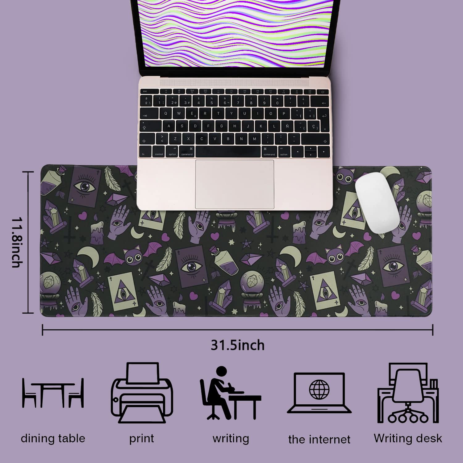 Gothic XL Gaming Mouse Pad - Black & Purple Witch Design, Large Extended Mouse Mat (31.5