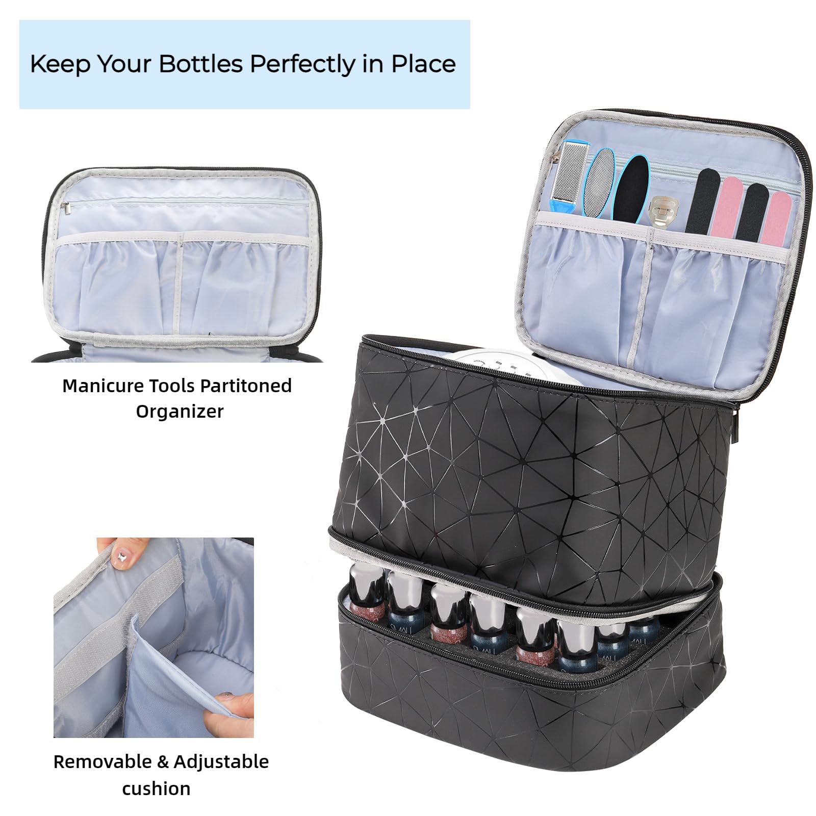 ZOOFOX Double-Layer Nail Polish Organizer Case - PU Leather Nail Polish Carrying Bag with Handle for Manicure Accessories Storage | Perfect for Salon Professionals, Travel & Home Organization