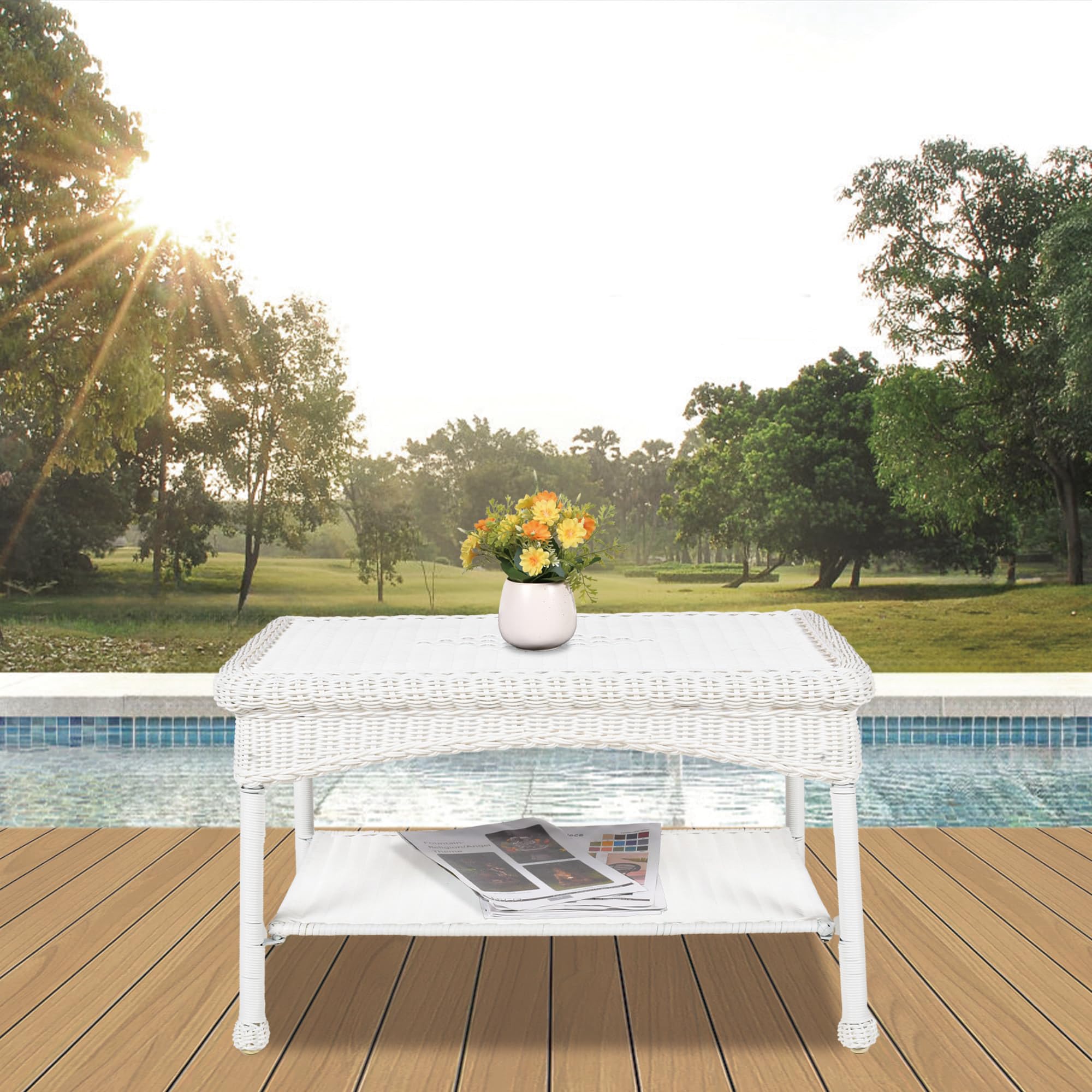 Jeco Carell White Wicker Patio Coffee Table - Outdoor Furniture for Garden, Poolside & Patio Decor