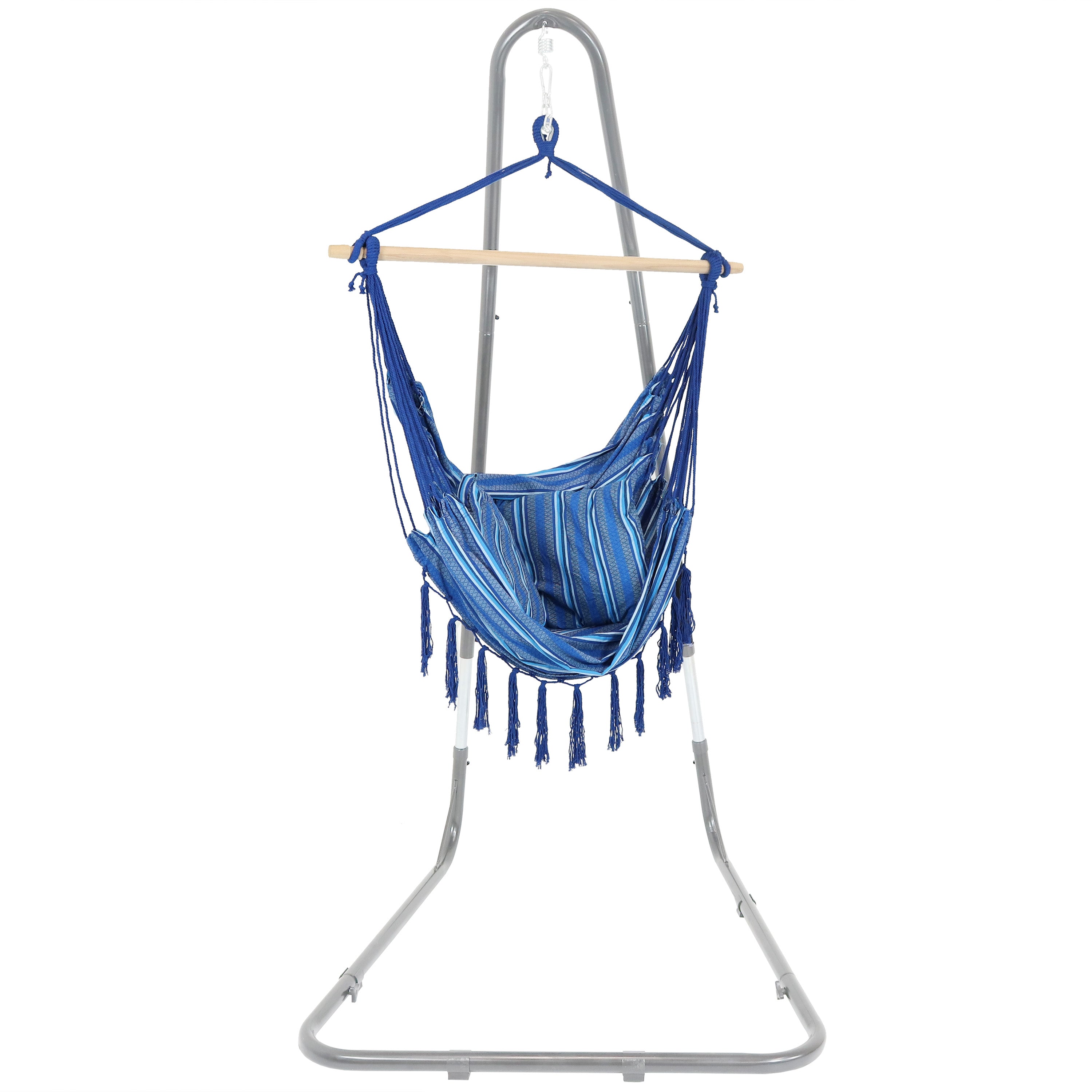 Sunnydaze Cushioned Hanging Hammock Chair with Cornflower Stripes - Perfect for Indoor & Outdoor Relaxation in Bedroom, Patio or Garden