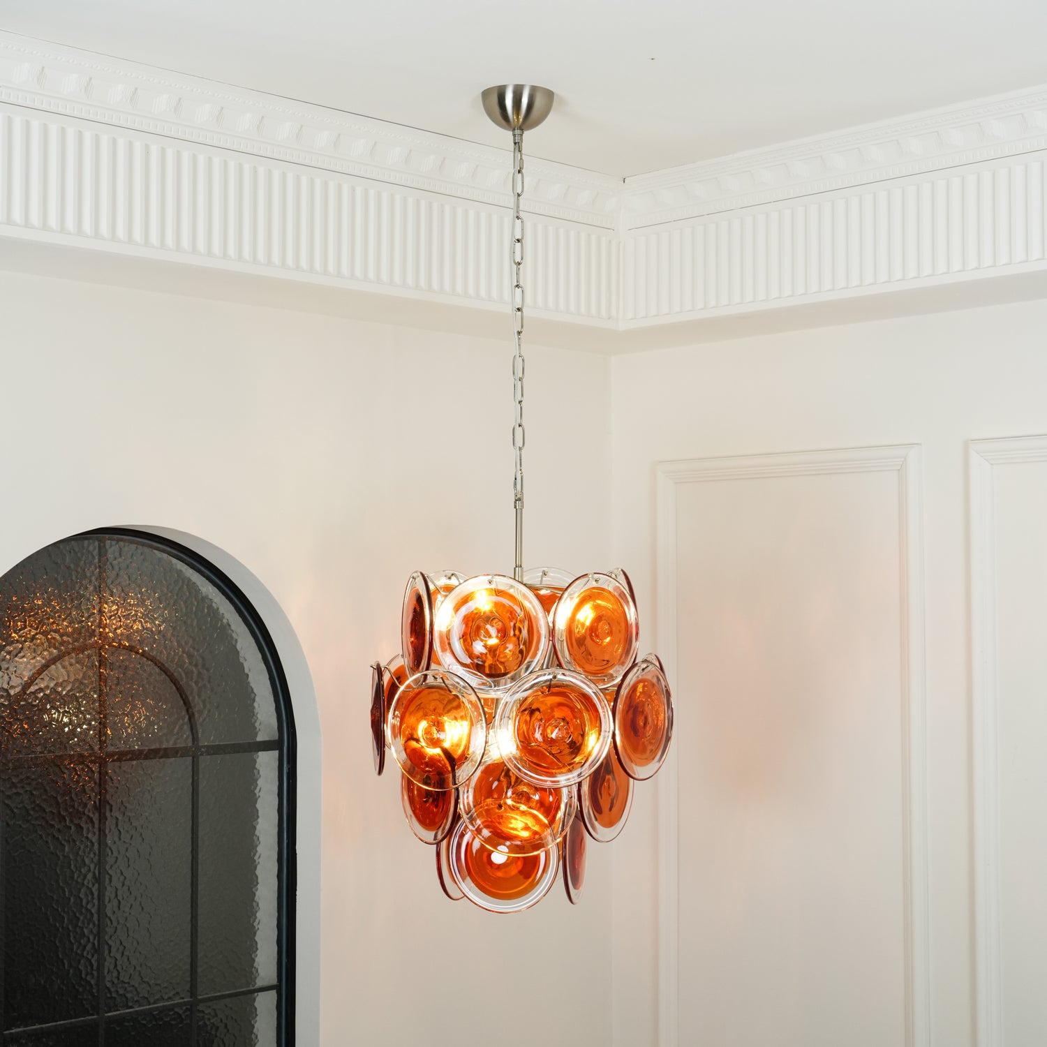 Murano Orange Disk Glass Chandelier - Handcrafted Venetian Glass Ceiling Light Fixture for Dining Room, Living Room, or Bedroom Decor