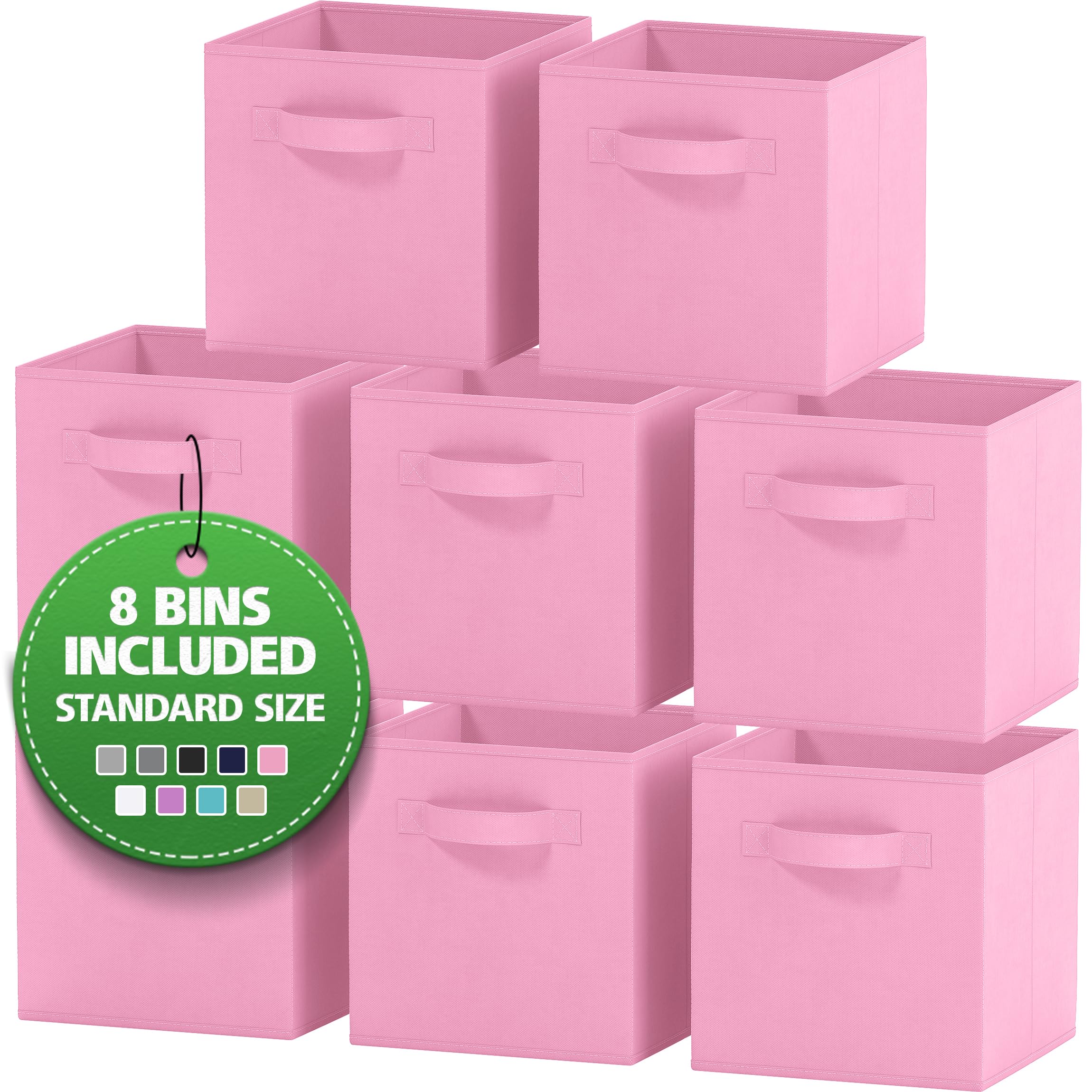 11 Inch Fabric Storage Cubes with Handles (Set of 8) - Foldable Closet Organizer Bins for Shelves, Toys & Home Organization | Light Pink Cubby Baskets for Bedroom, Nursery & Playroom Storage