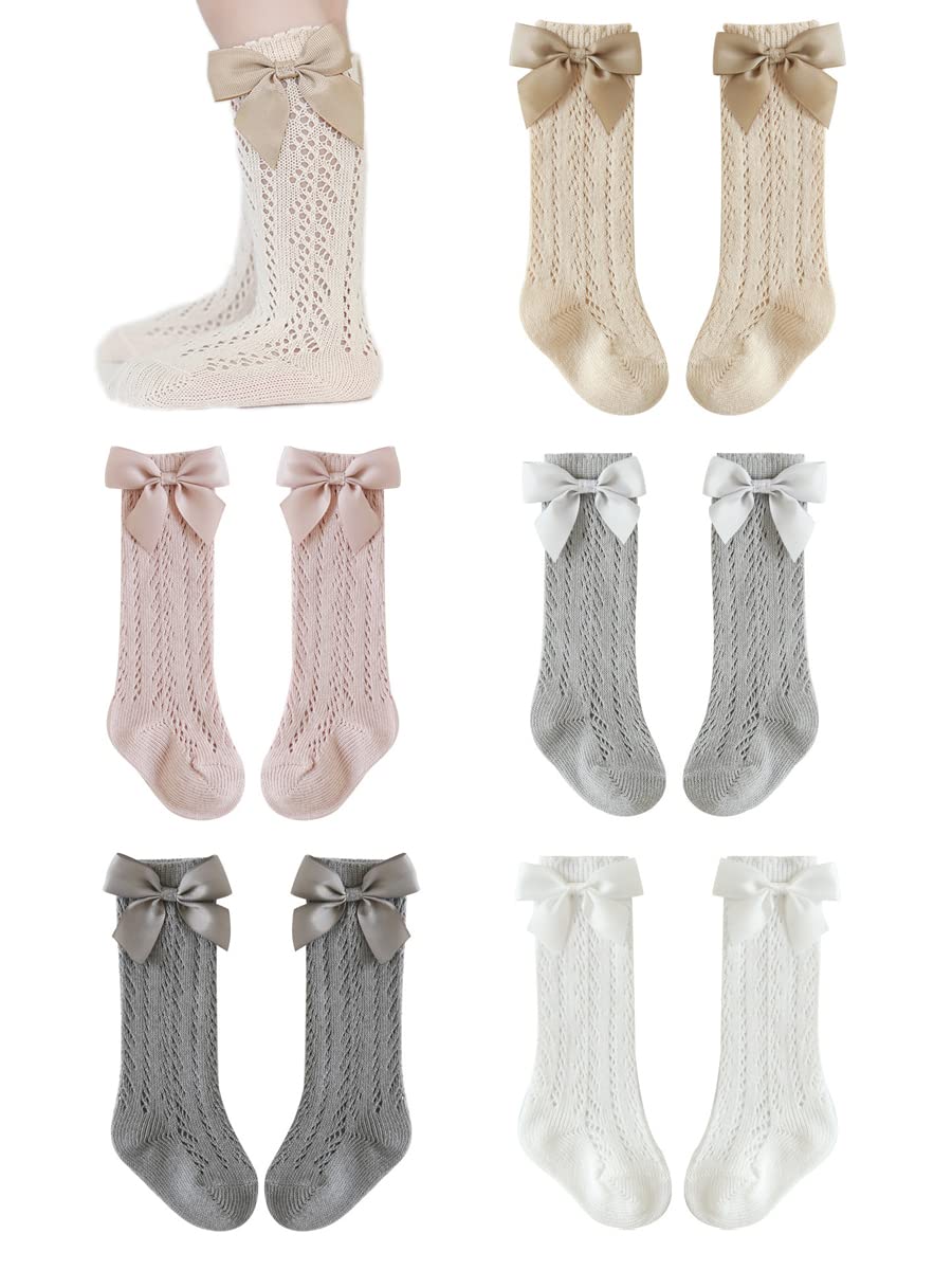 Baby Girl Knee High Socks with Bowknot - Thin Mesh Stockings for Infant & Toddler - Pointelle Princess Dress Socks (5 Pairs) - Perfect for Birthday Parties, Photo Shoots & Special Occasions