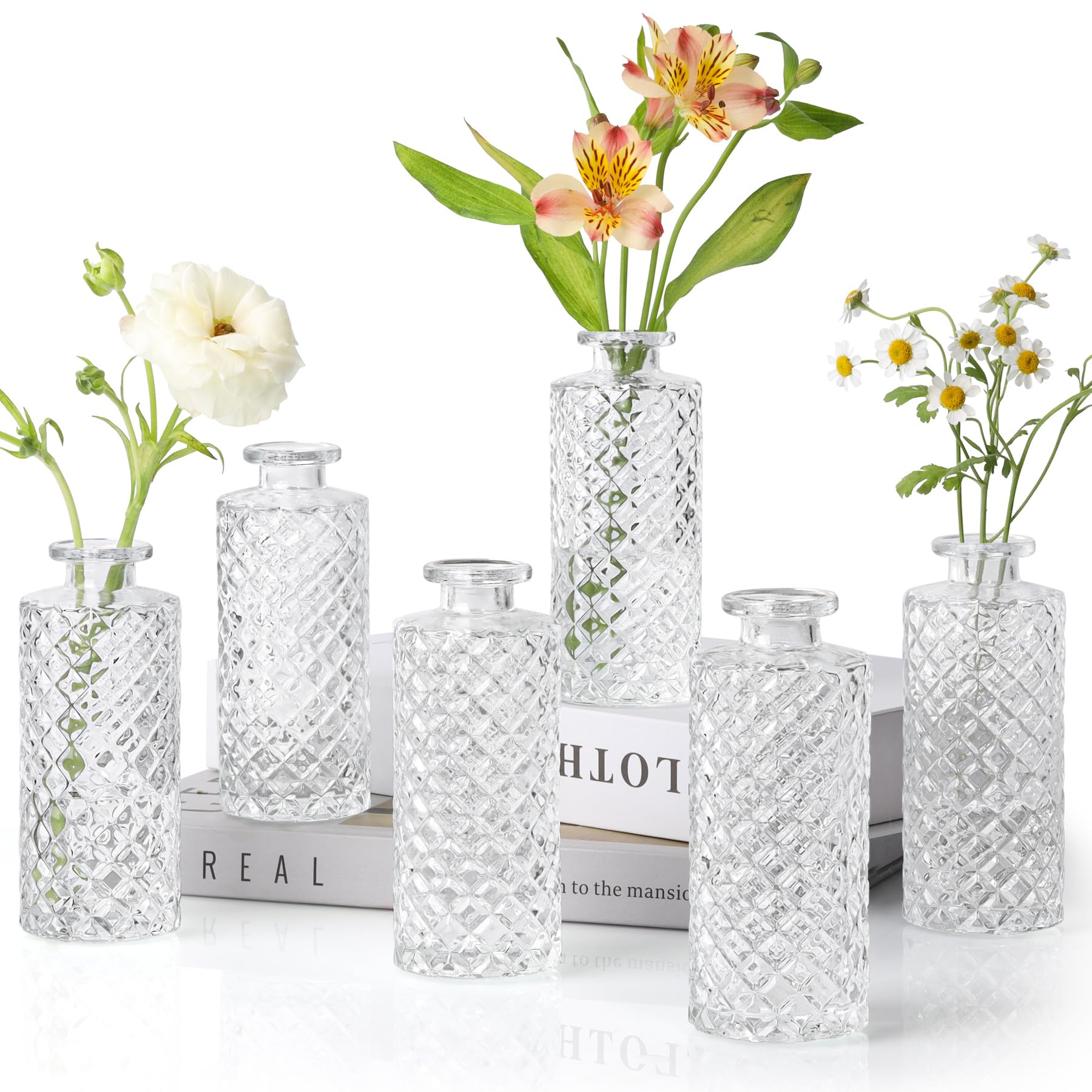 ComSaf 6-Pack Clear Glass Bud Vases - Small Diamond Cut Mini Flower Vases for Wedding Centerpieces, Table Decor, Reception, Home Decor - Perfect for Floral Arrangements and Vintage Style Decorations