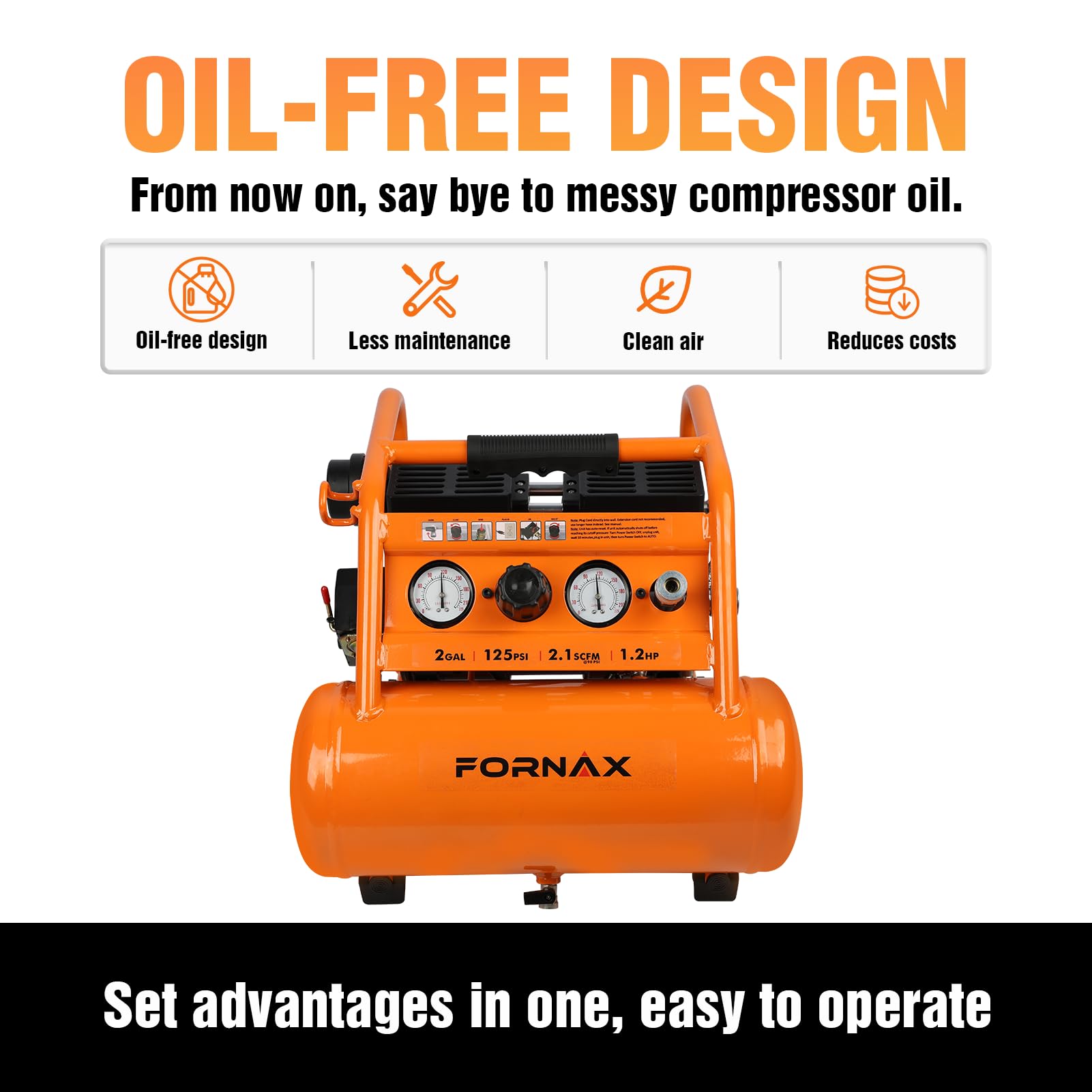 FORNAX 2 Gallon Portable Air Compressor - 1.2 HP, 2.1 SCFM @ 90 PSI, Oil-Free, 135 PSI Max Pressure, 65 dB Quiet - Perfect for Auto Repair, Tire Inflation, Airbrushing, Nailing & DIY Projects