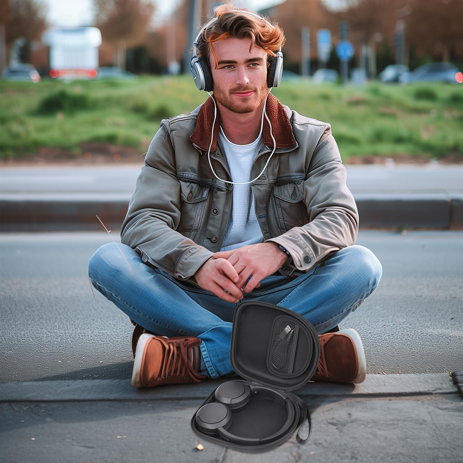 Premium Headphone Case for Sony WH-CH520 Wireless Bluetooth Headphones - Protective Storage Bag with USB Cable Pocket - Noise Cancelling On-Ear Headset Accessory - Ideal for Travel, Work & Commuting - Black (Box Only)