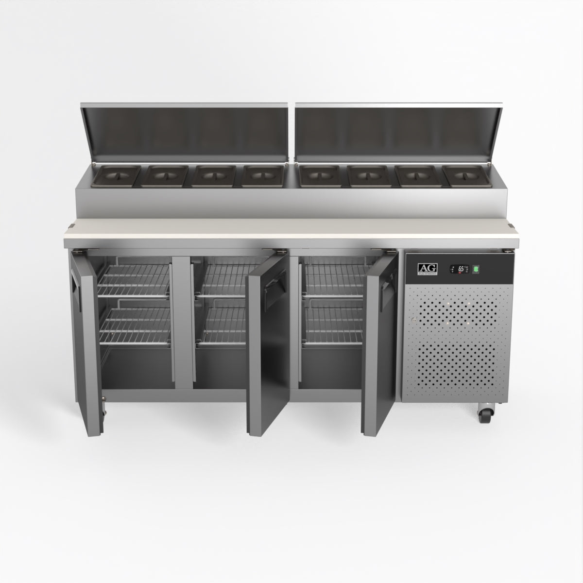 AG 3 Door Commercial Saladette Refrigerator - Holds 8 x 1/3 GN Food Storage Trays - Perfect for Restaurants, Delis & Catering Businesses