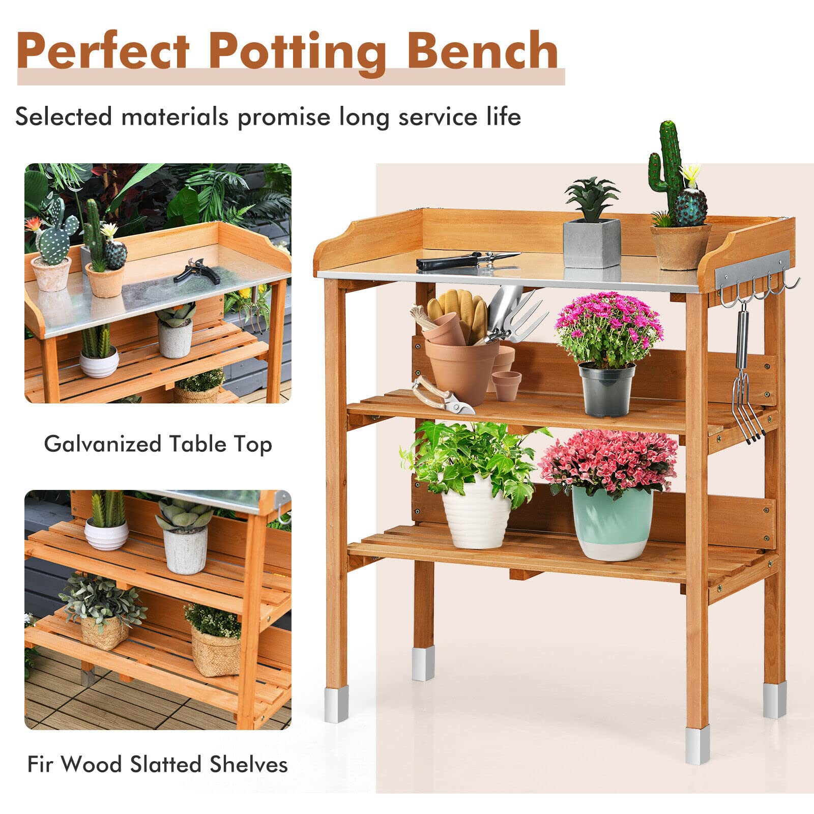 SAFSTAR Fir Wood & Metal Potting Bench with Open Shelves & Hanging Hooks - Heavy Duty Garden Workstation for Planting, Transplanting, and Outdoor Gardening - Perfect for Backyard, Balcony, and Greenhouse Use