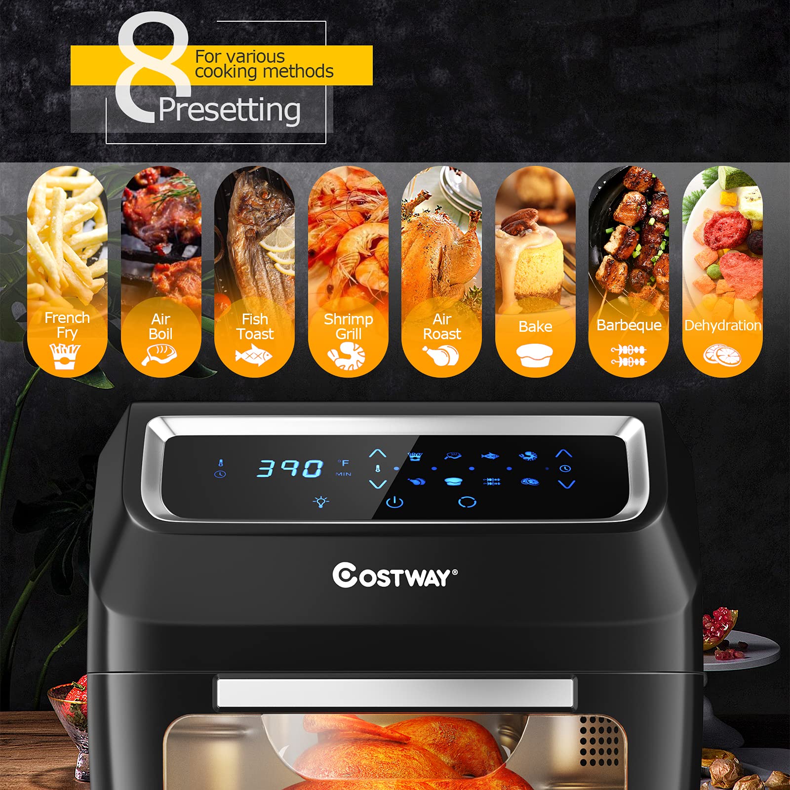 COSTWAY 8-in-1 Air Fryer Oven with Rotisserie & Dehydrator, 1700W Countertop Convection Oven with LED Touch Screen - Perfect for Pizza, Toast, Turkey, Roasting, and Healthy Snacks