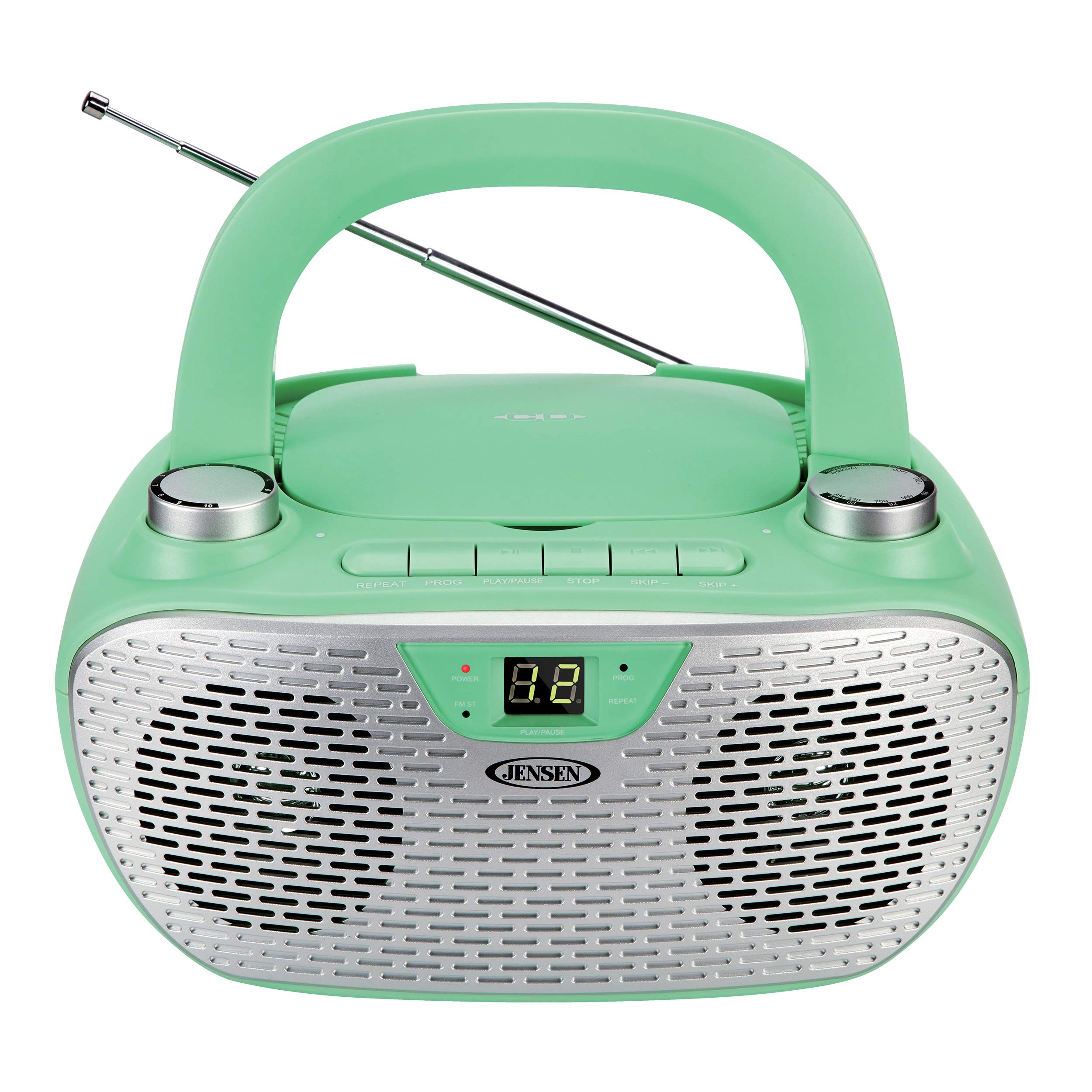 JENSEN CD-485-GR 1-Watt Portable Stereo CD Player with AM/FM Radio, Headphone Jack & Built-in Speakers - Compact CD Boombox for Home, Office, Travel & Outdoor Use (Green)