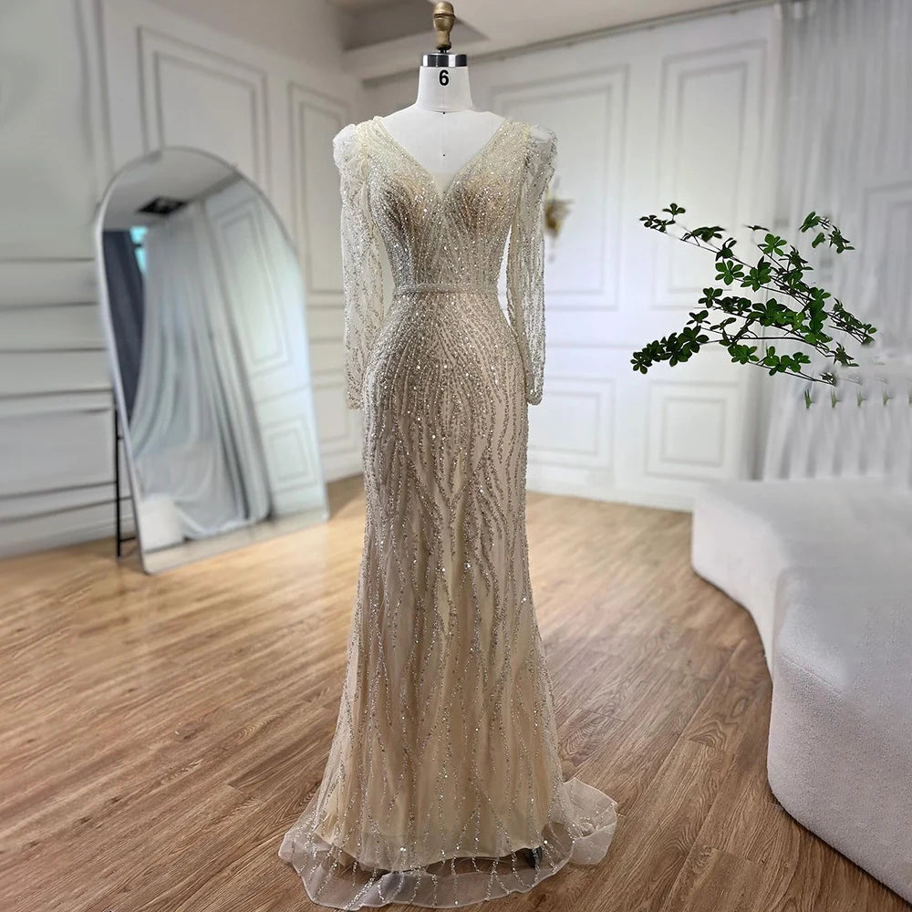 Elegant Muslim Blue Mermaid Evening Dress with Beaded Details - Luxury Arabic Gown for Women - Perfect for Weddings, Parties & Special Occasions - Serene Hill Collection 2025 LA71931