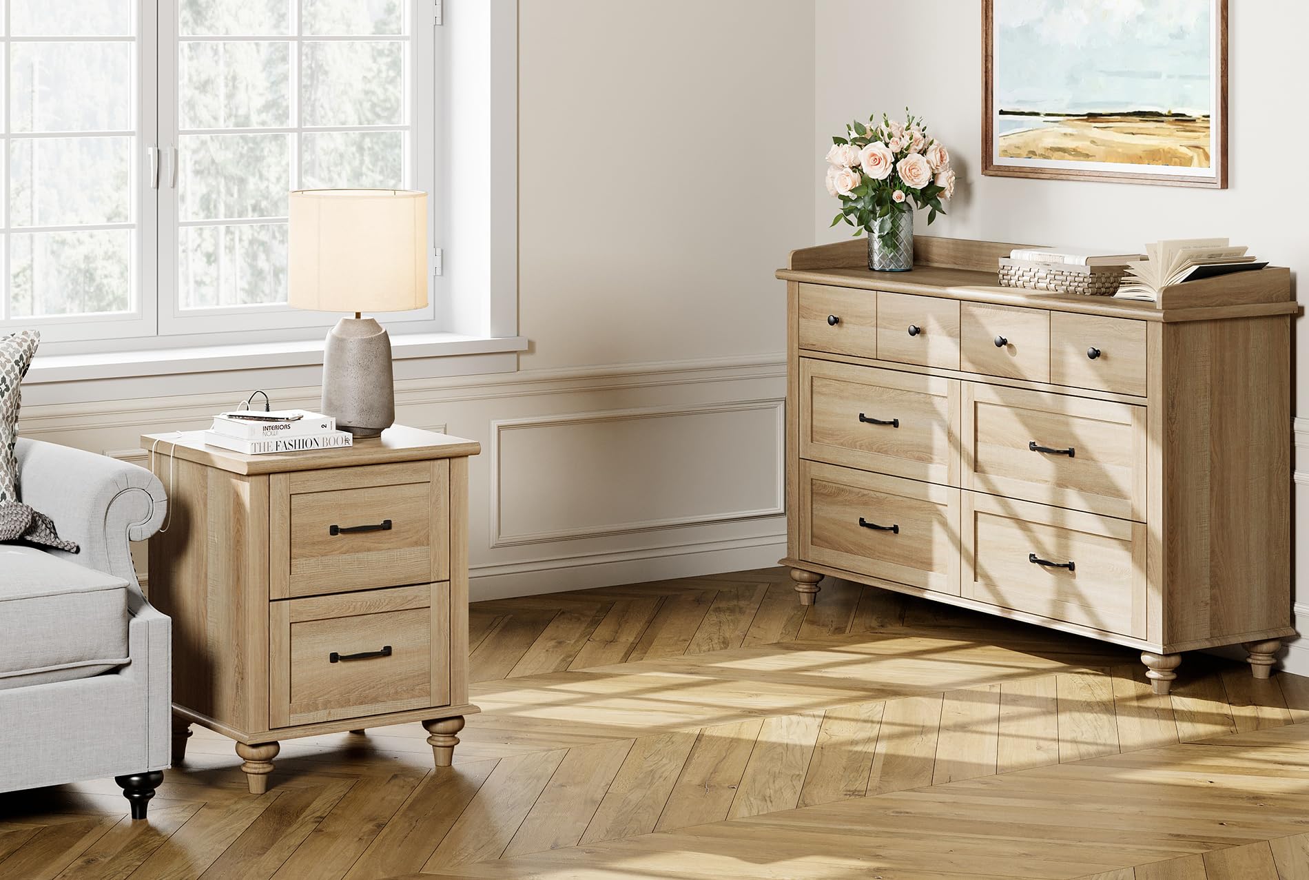 WAMPAT 2-Piece Wooden Dresser and Nightstand Set - 6-Drawer Oak Bedroom Furniture with Metal Handles & Charging Station | Farmhouse Style Dresser & Nightstand for Bedroom Storage & Organization