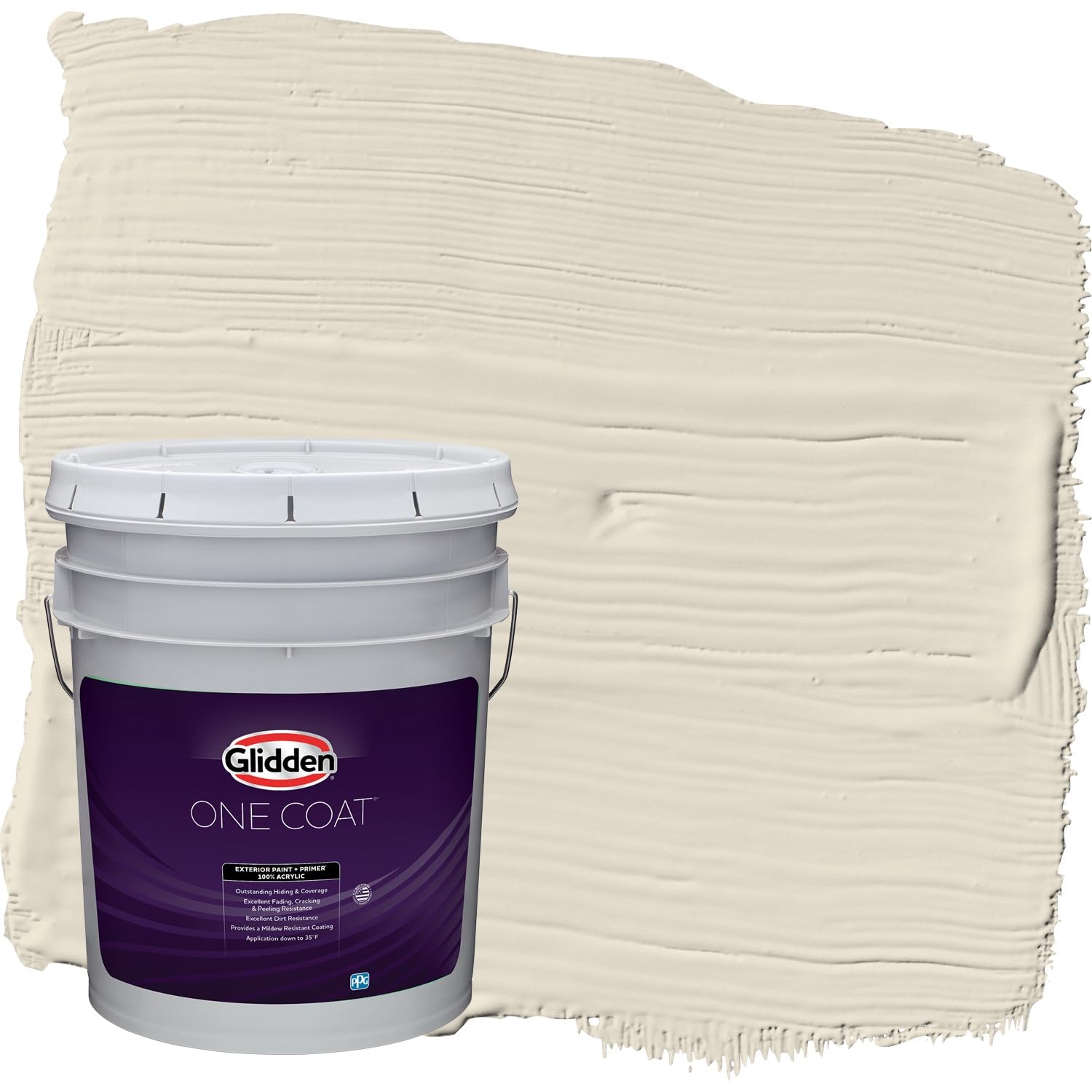 Glidden Exterior Paint and Primer in One - Greige/Antique White, Satin Finish, 5-Gallon Bucket - One Coat Coverage for Houses, Fences & Outdoor Projects